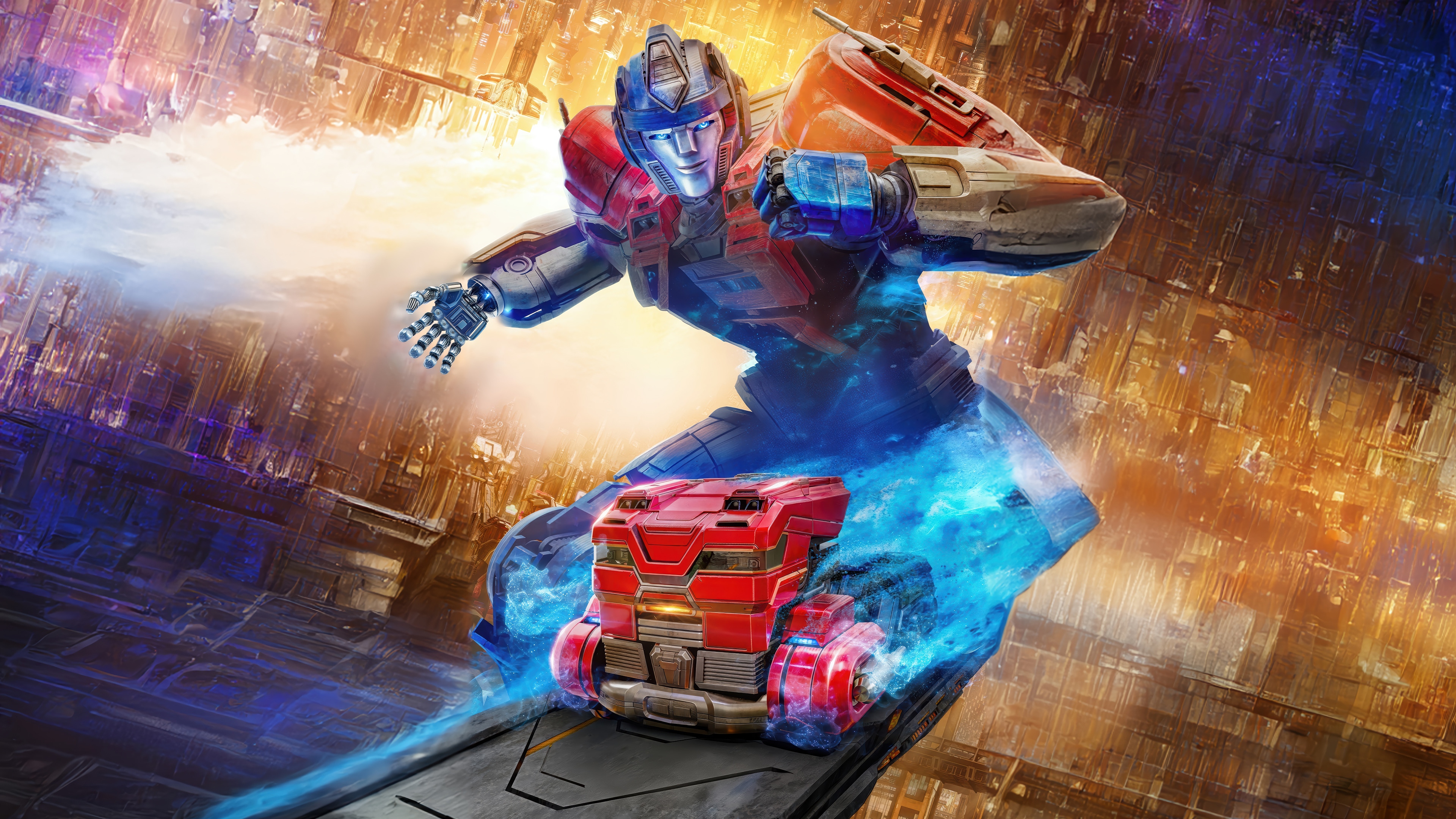 Optimus Prime riding a vehicle in a futuristic city HD Wallpaper
