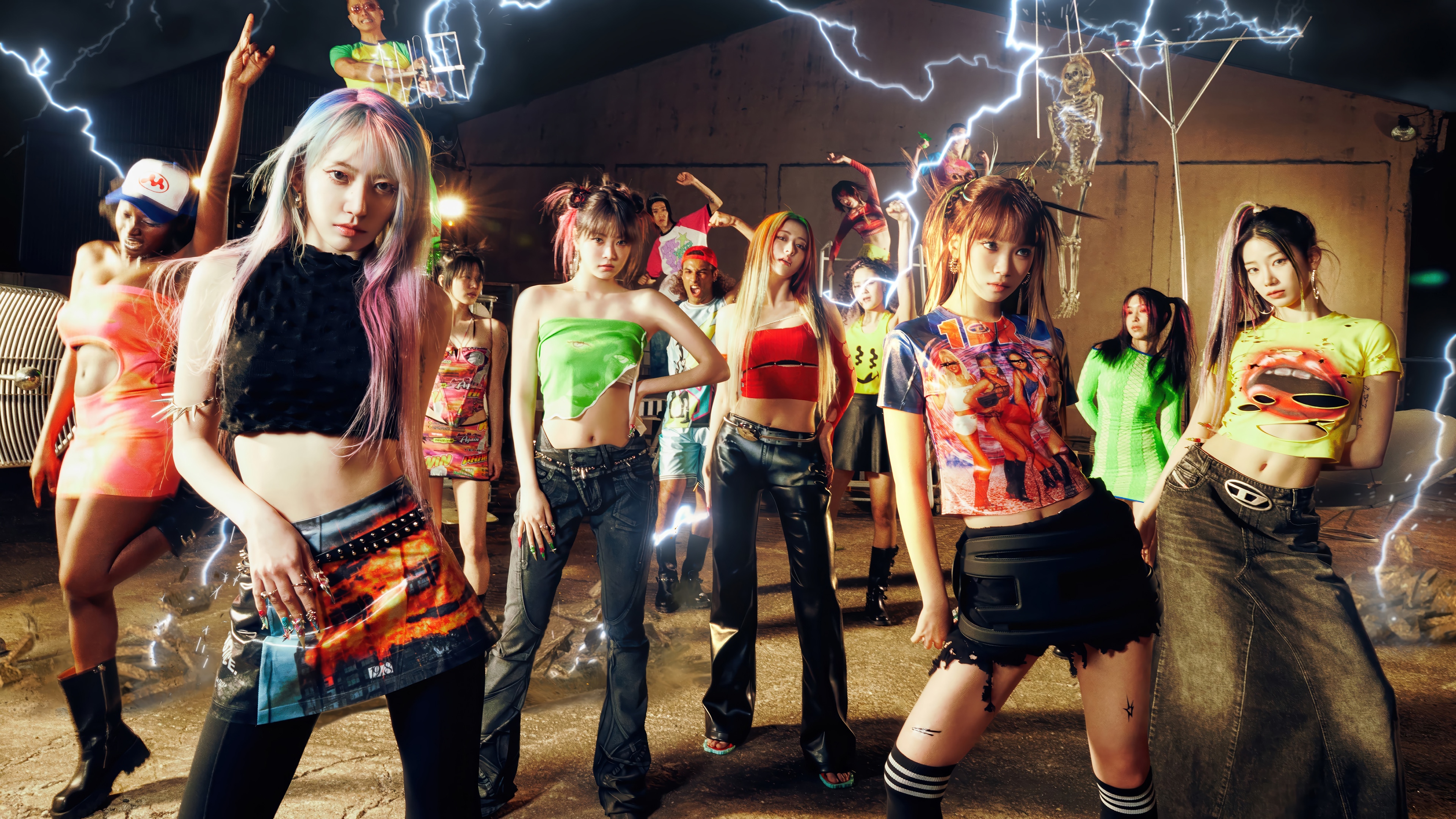 LE SSERAFIM girls in a dramatic lightning-filled scene HD Wallpaper