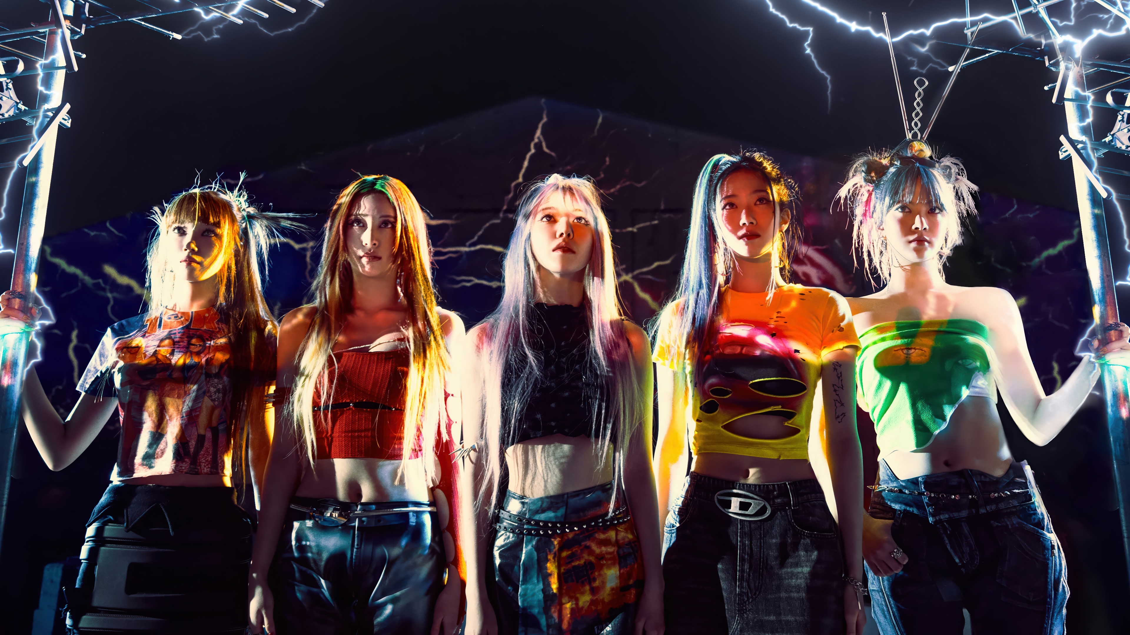 LE SSERAFIM members with lightning effects HD Wallpaper