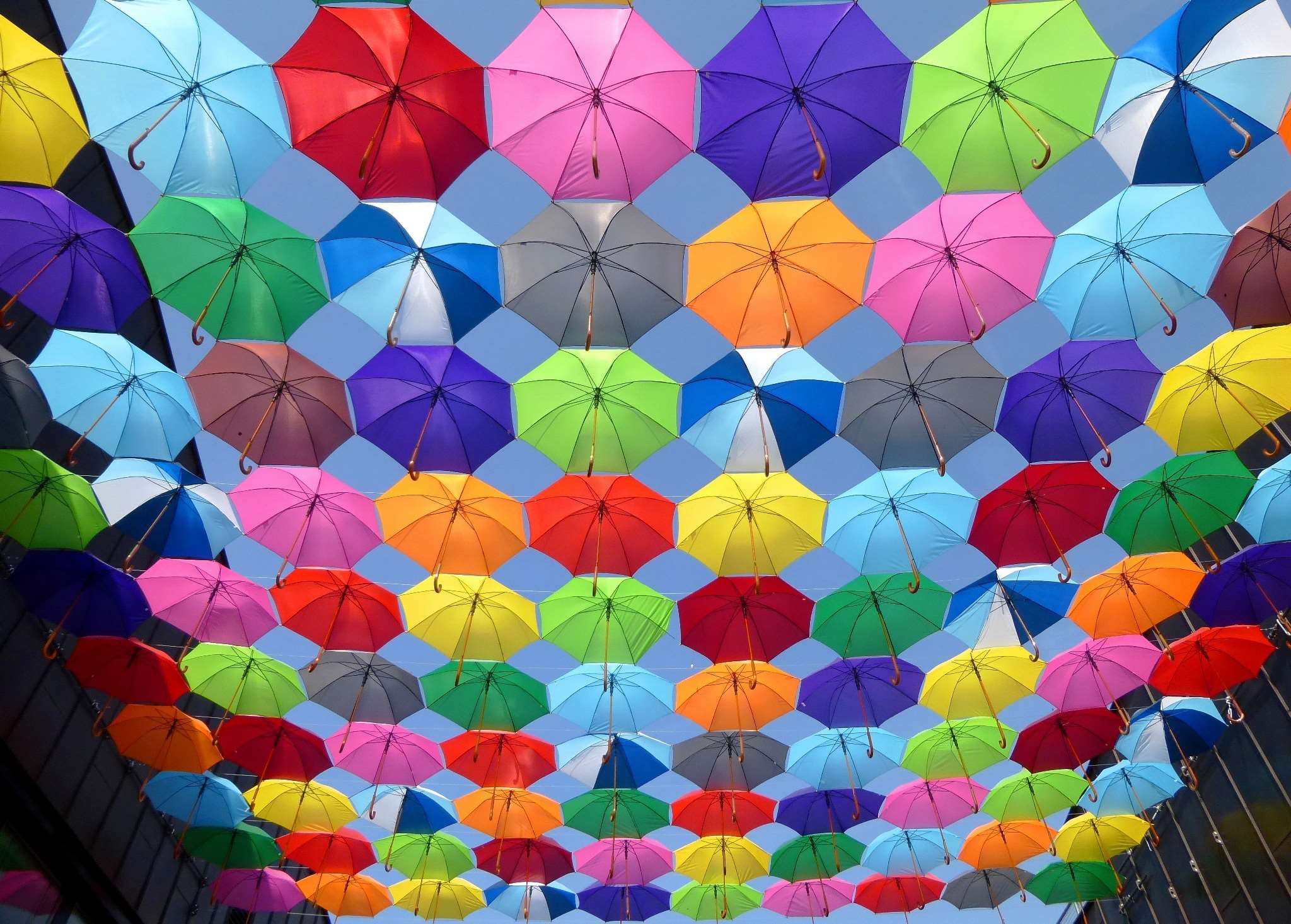 Colorful umbrellas suspended in the sky HD Wallpaper