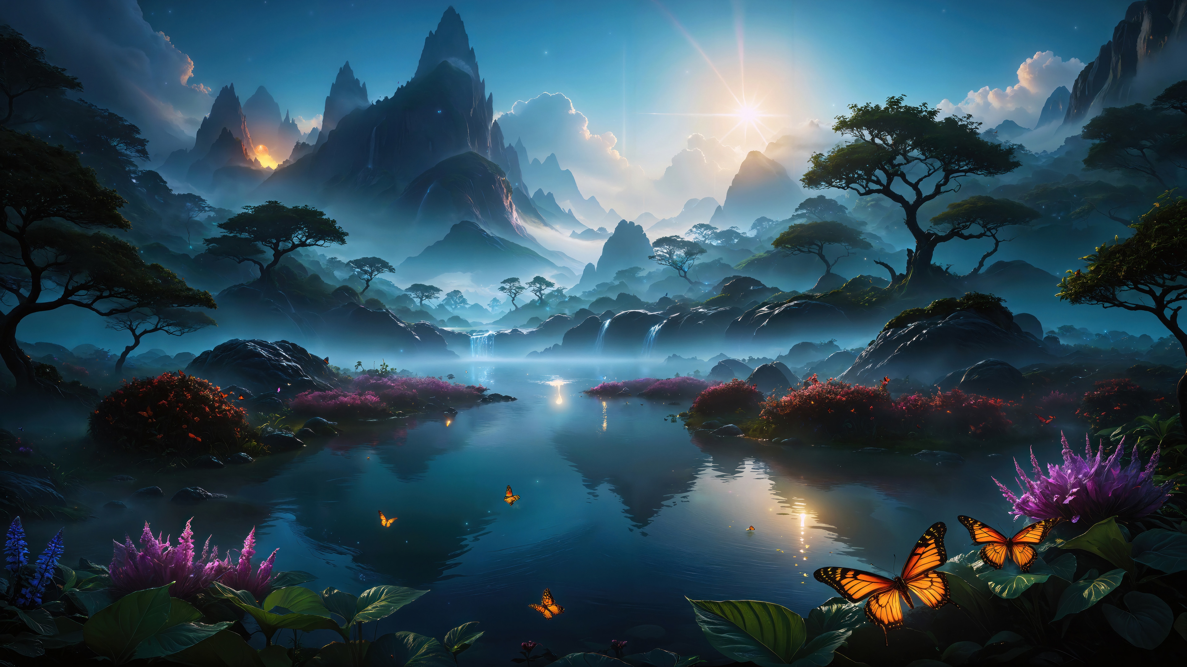 Misty Mountains Lake with Butterflies and Flowers 4K HD Wallpaper