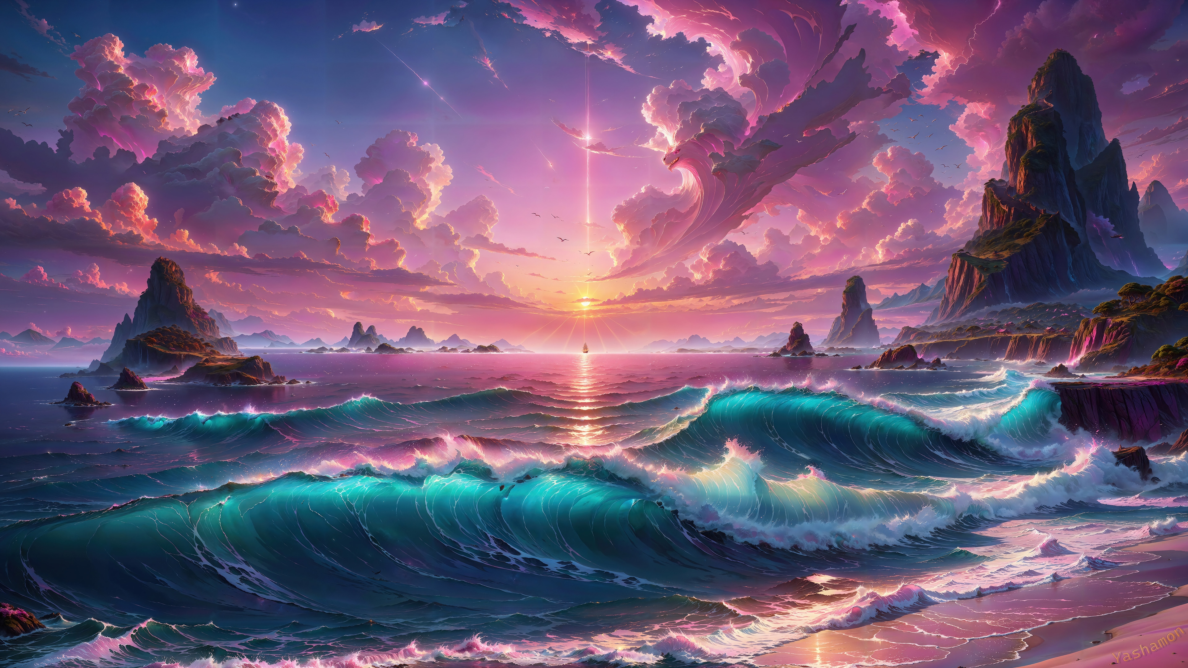 Sunset over the ocean with waves and islands 4K HD Wallpaper