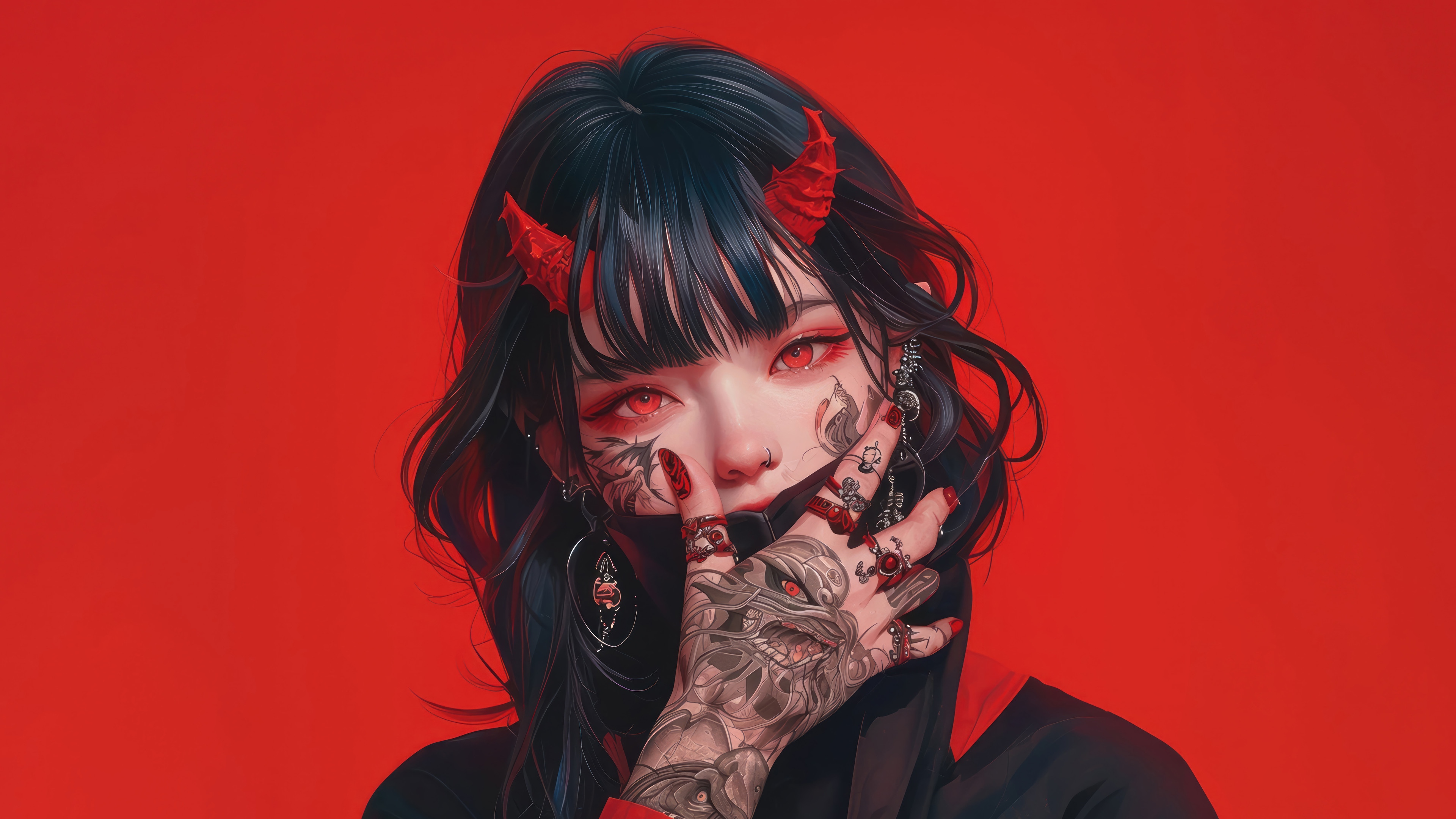 Anime Girl with Red Horns and Tattoos 4K HD Wallpaper
