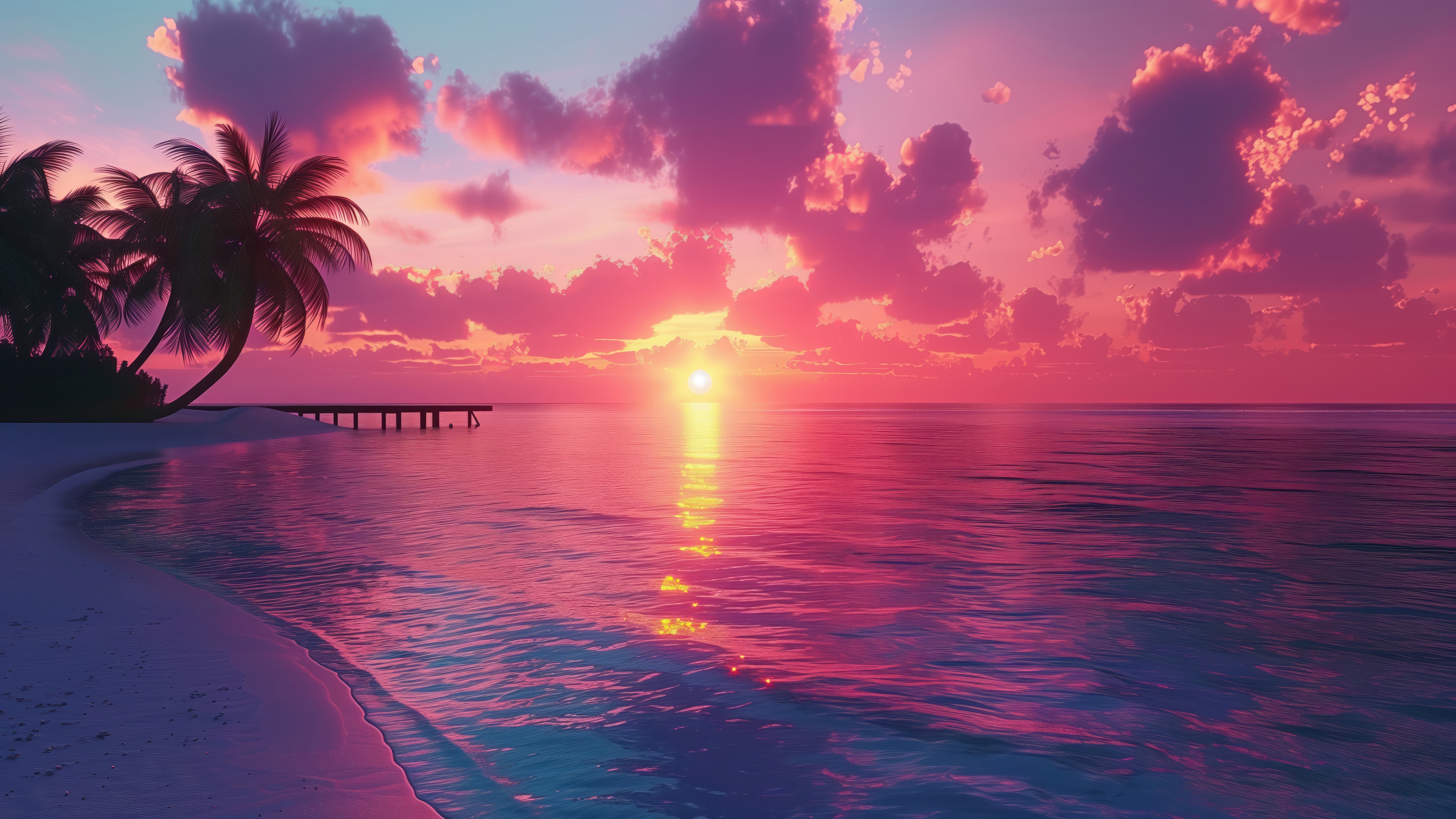 Pink Sunset over the Ocean with Palm Trees and Pier HD Wallpaper