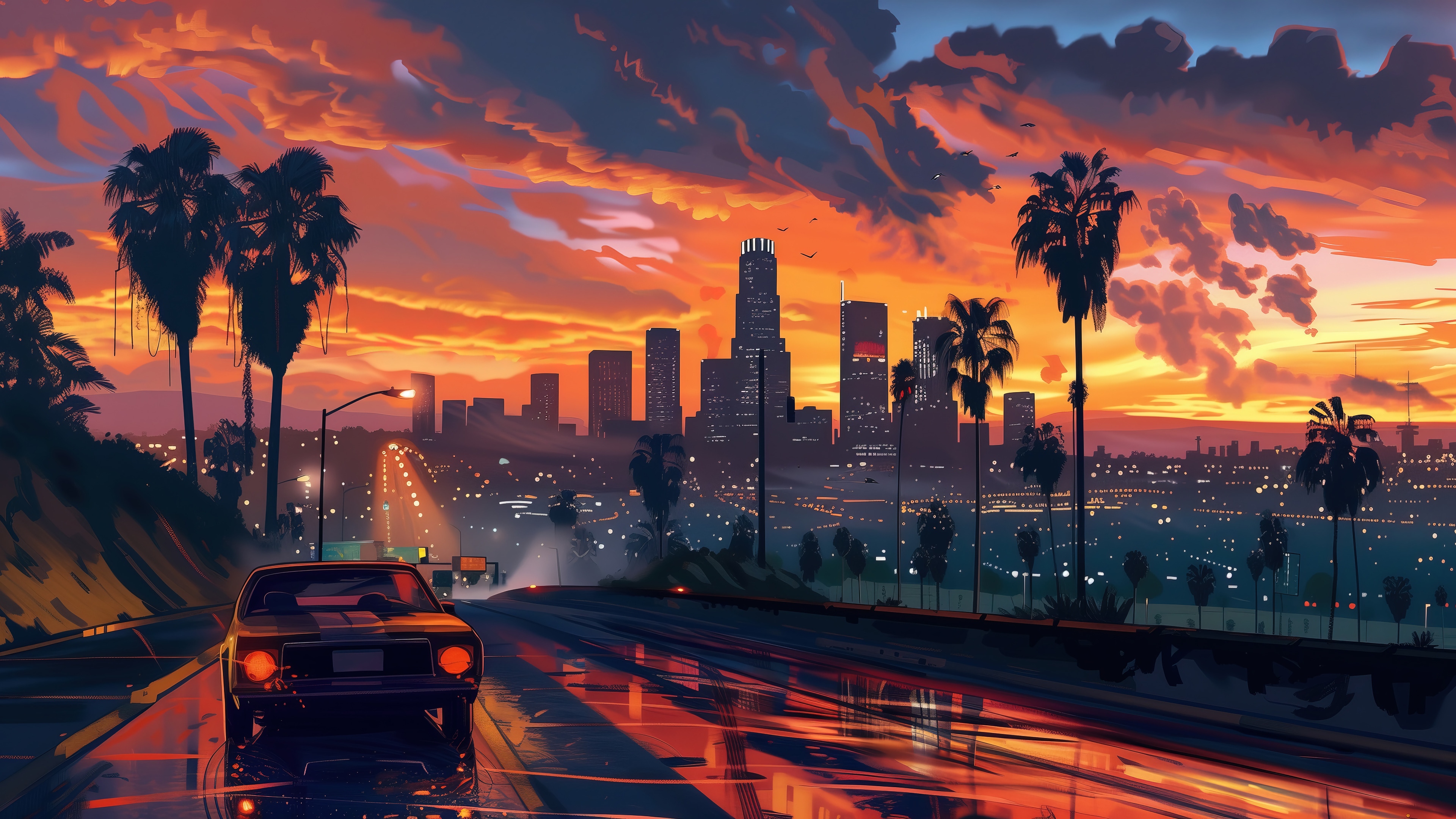 Sunset over Los Angeles cityscape with a car on the road HD Wallpaper
