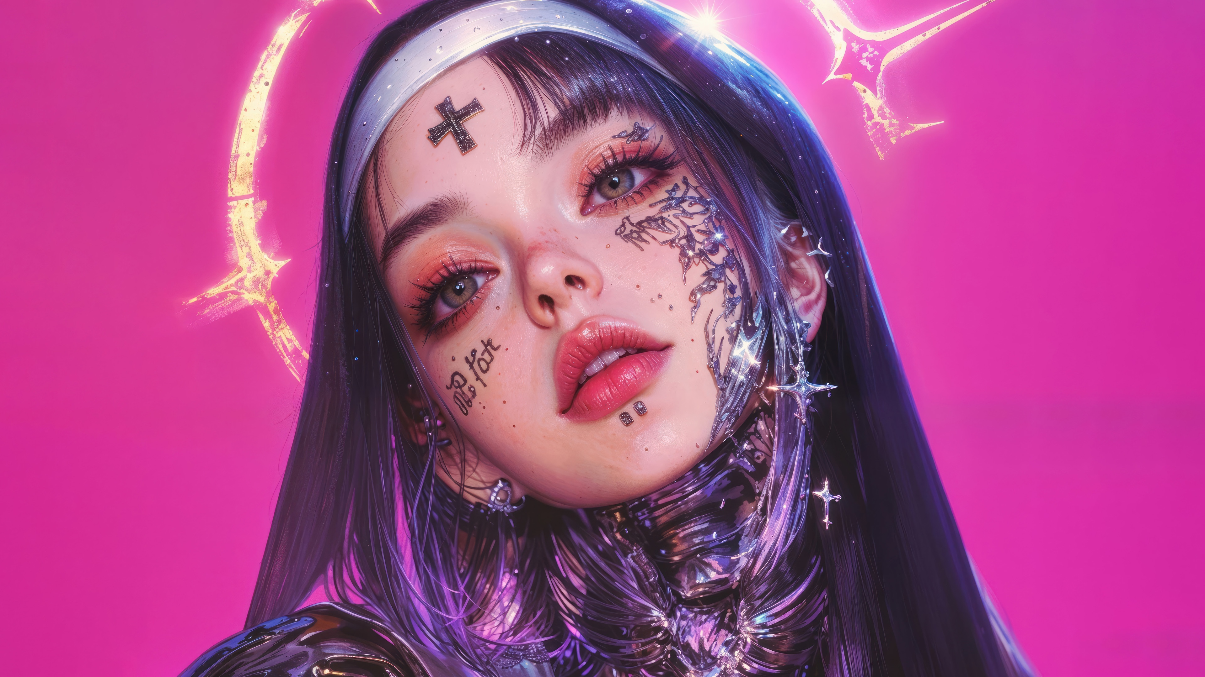 Anime Nun with Tattoos and Halo 4K HD Wallpaper