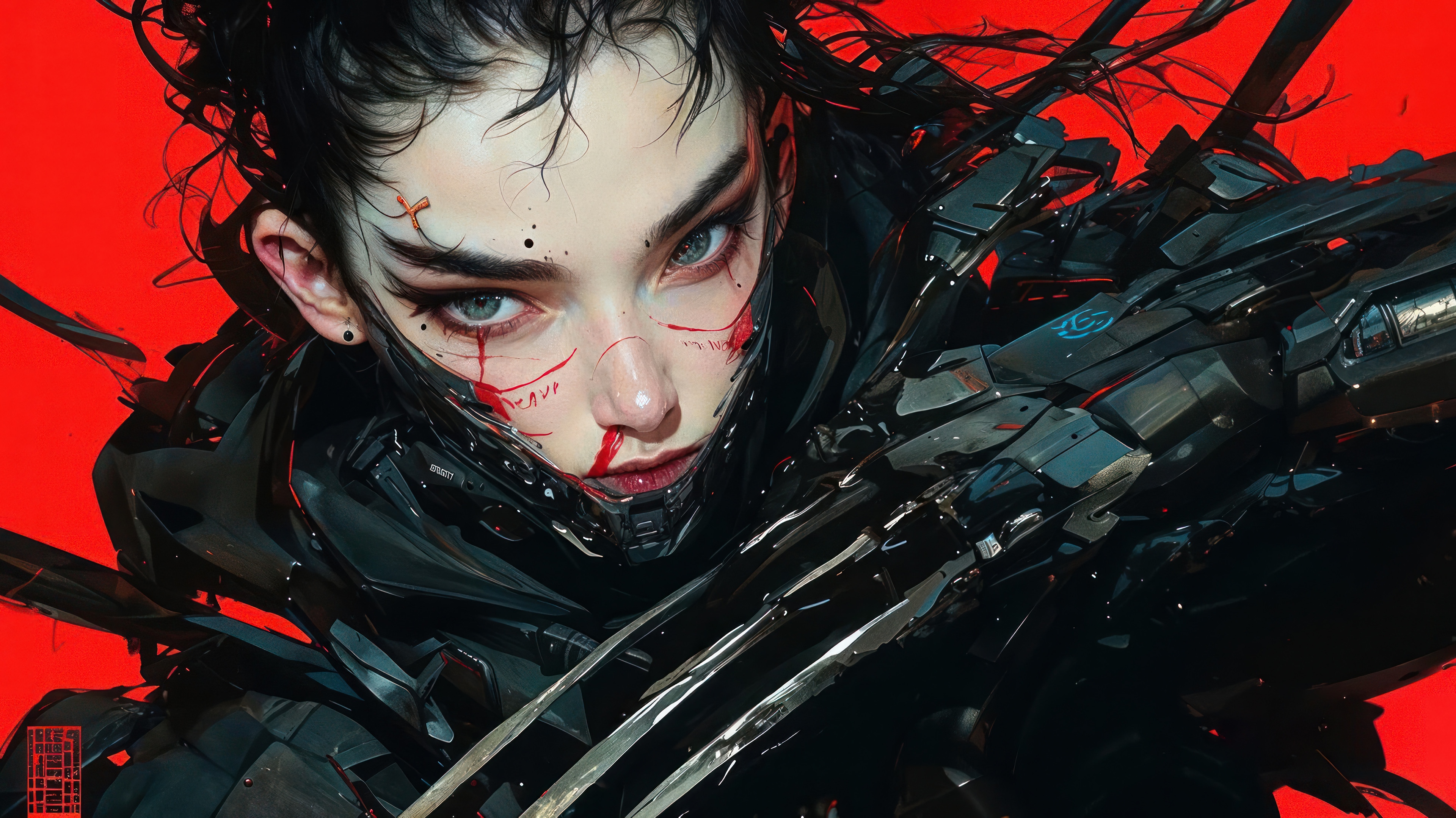 Cyberpunk Girl with Claws on Red Background 4K HD Wallpaper