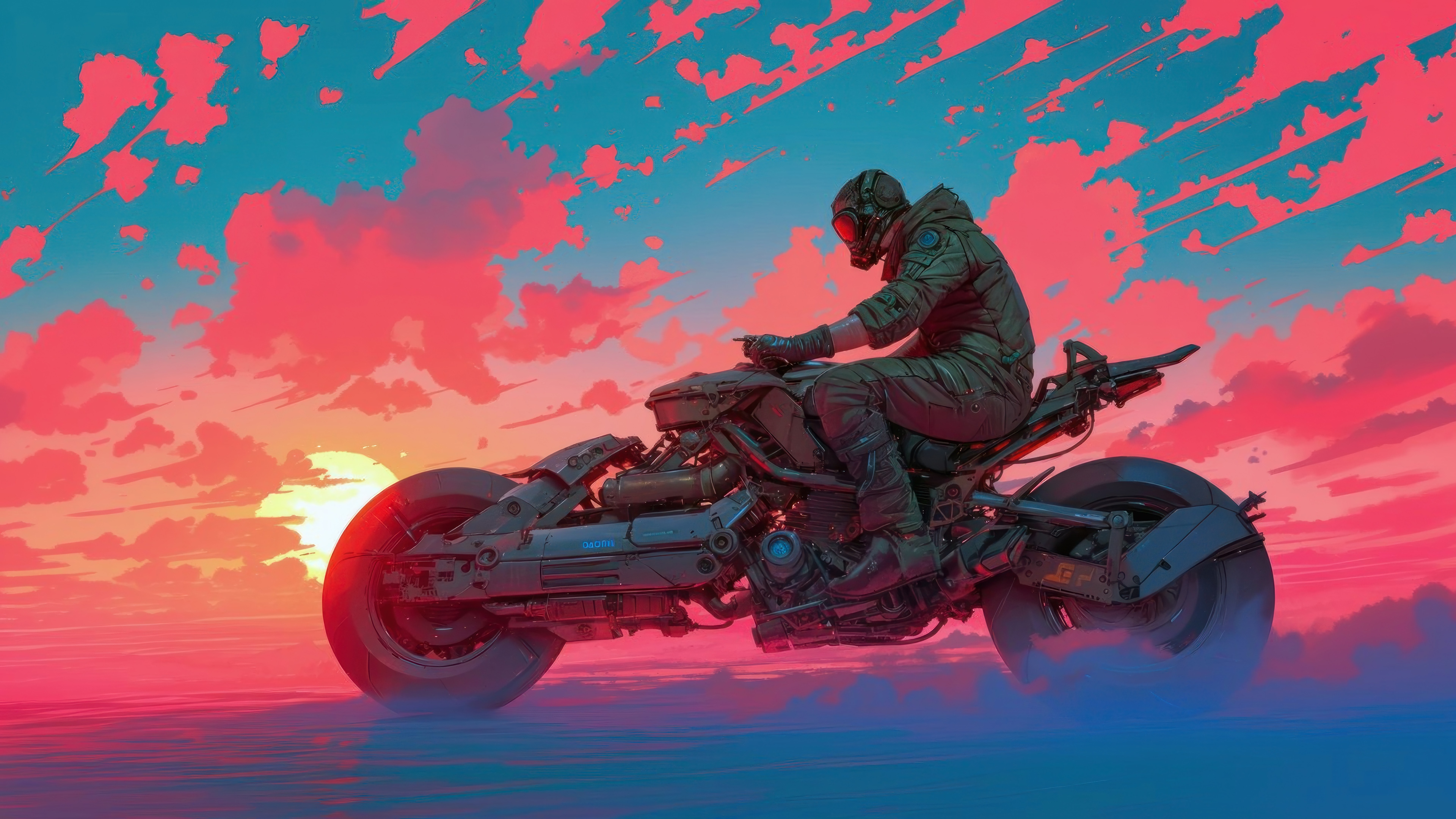 Cyberpunk Motorcycle Rider at Sunset 4K HD Wallpaper