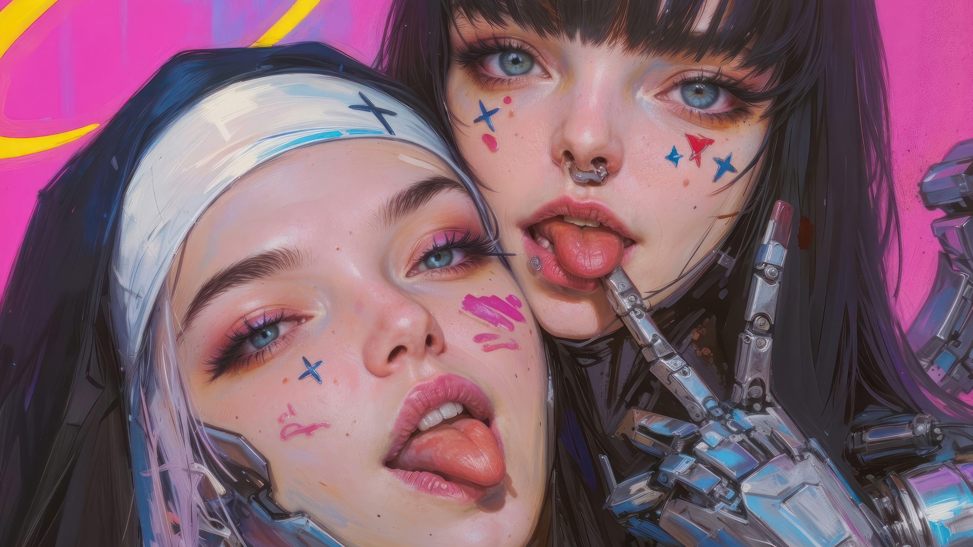 Cyberpunk Nun and Girl with Robotic Arm 4K HD Wallpaper