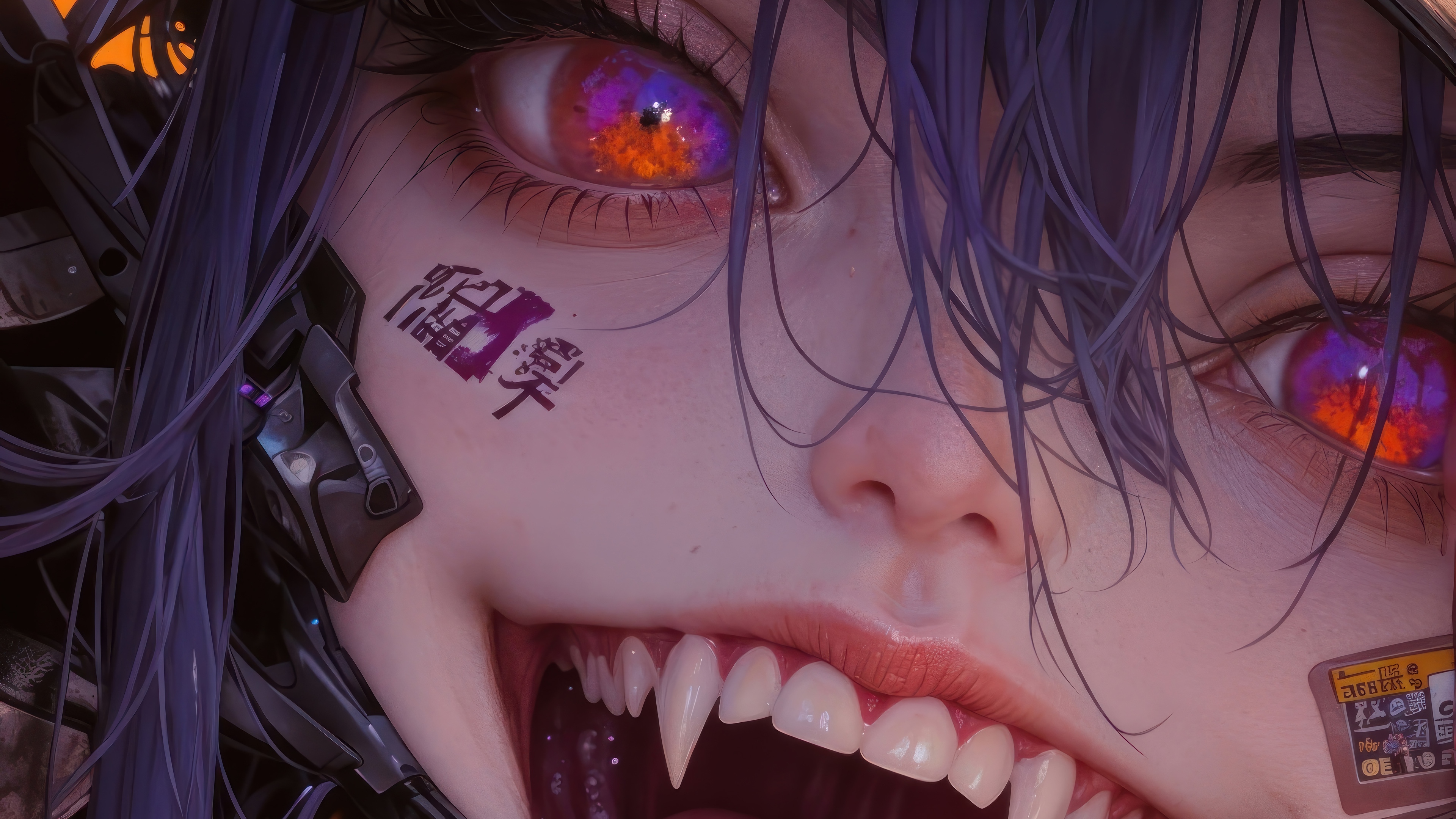 Cyberpunk Anime Girl with Fangs and Glowing Eyes 4K HD Wallpaper