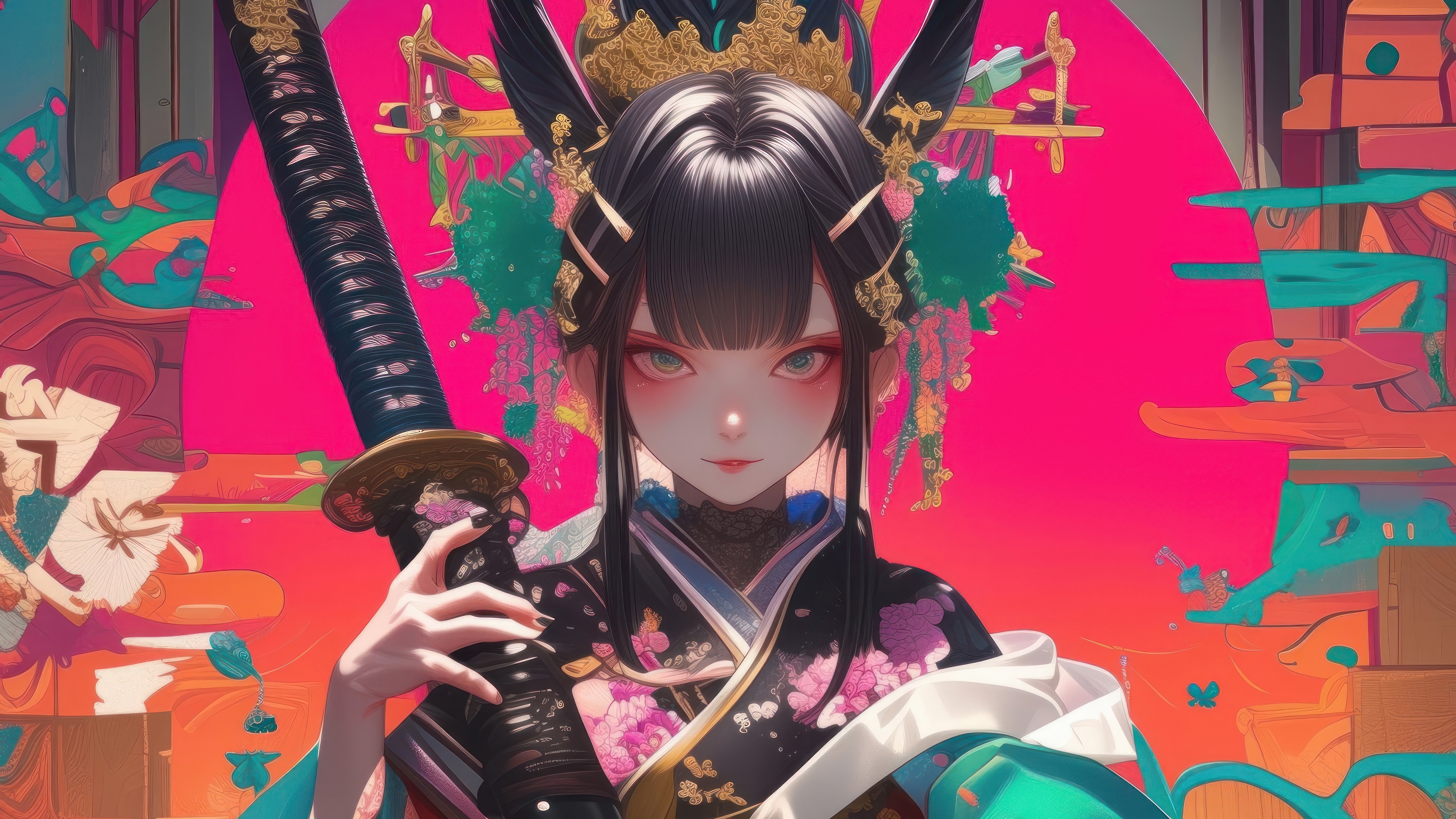 Anime girl in kimono with katana HD Wallpaper