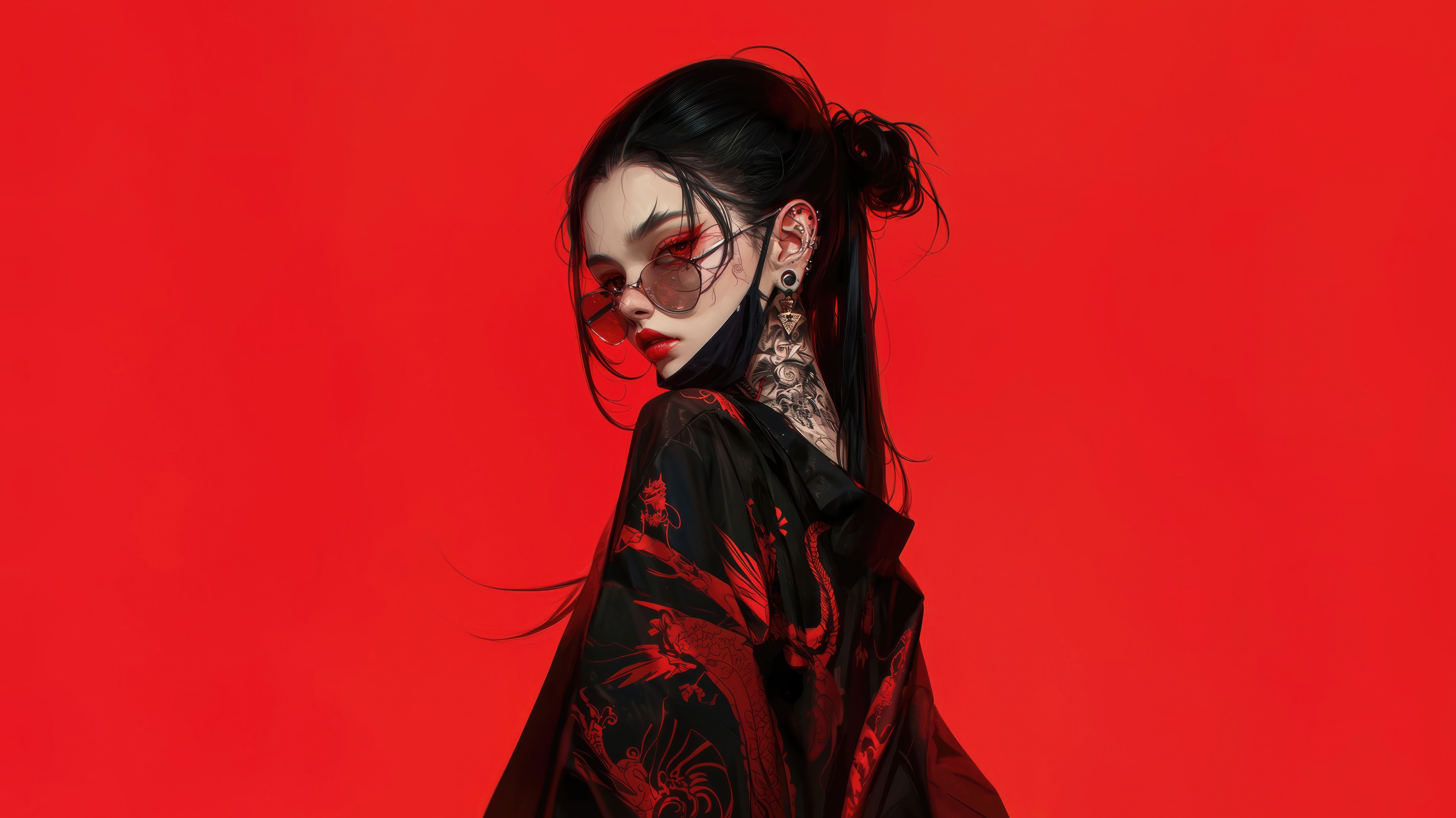 Anime Girl with Glasses and Tattoos in Kimono 4K HD Wallpaper