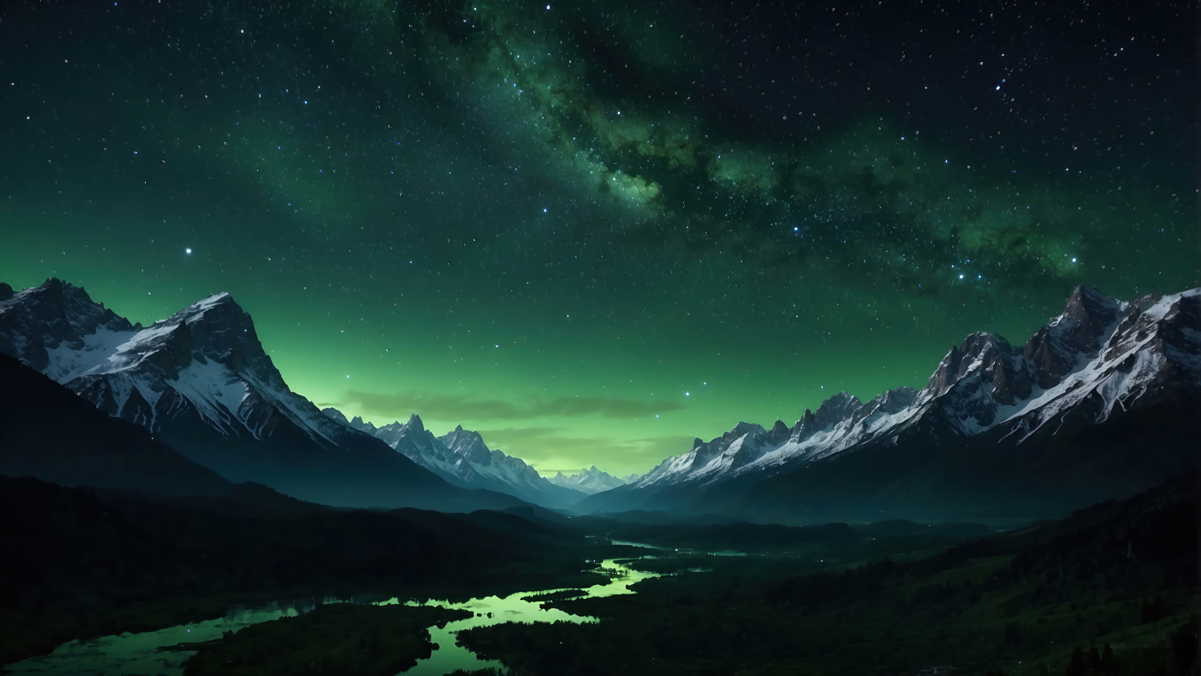Night Sky Over Snowy Mountains and River 4K HD Wallpaper