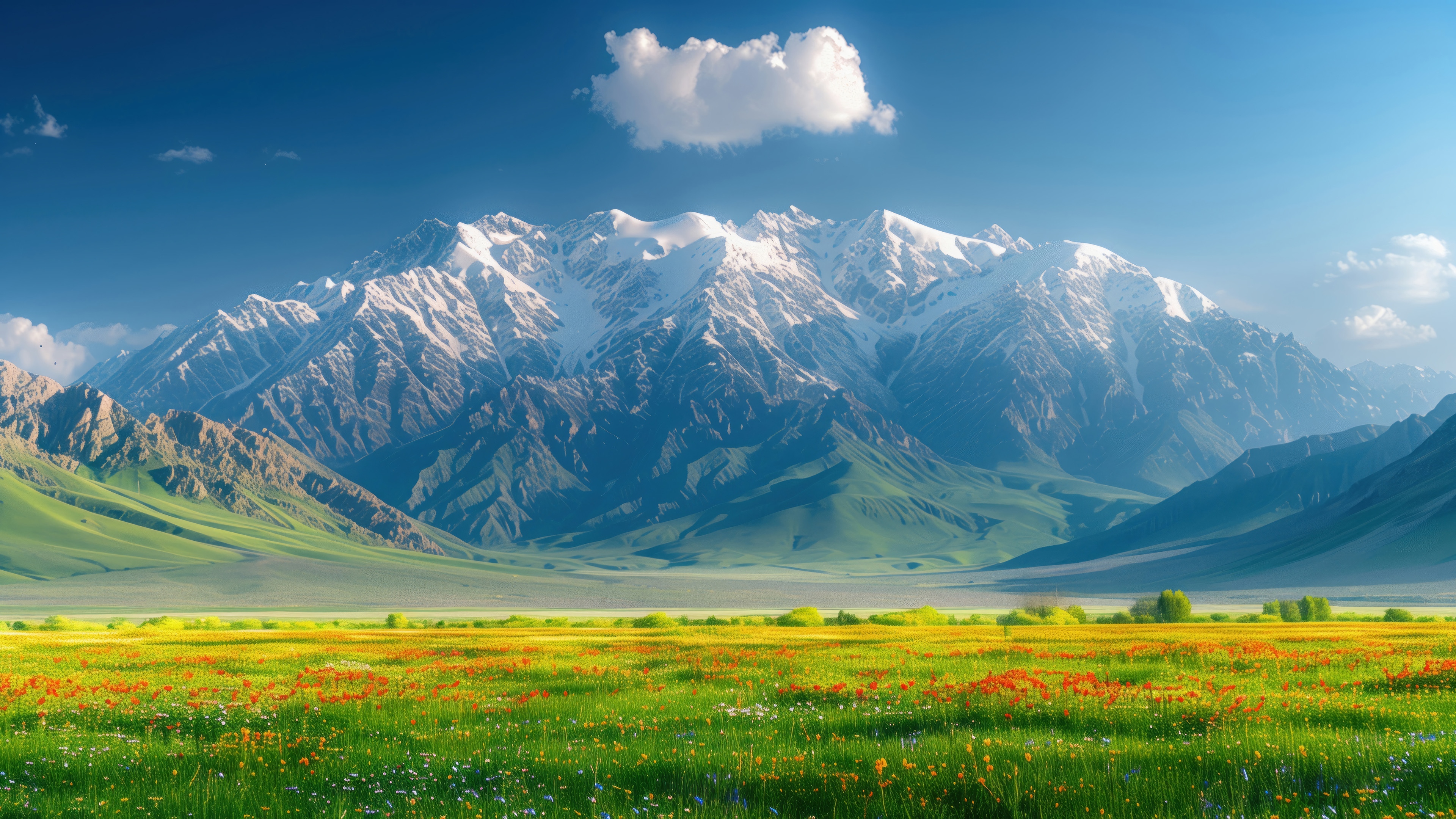 Flower Field Before Snowy Mountains 4K HD Wallpaper