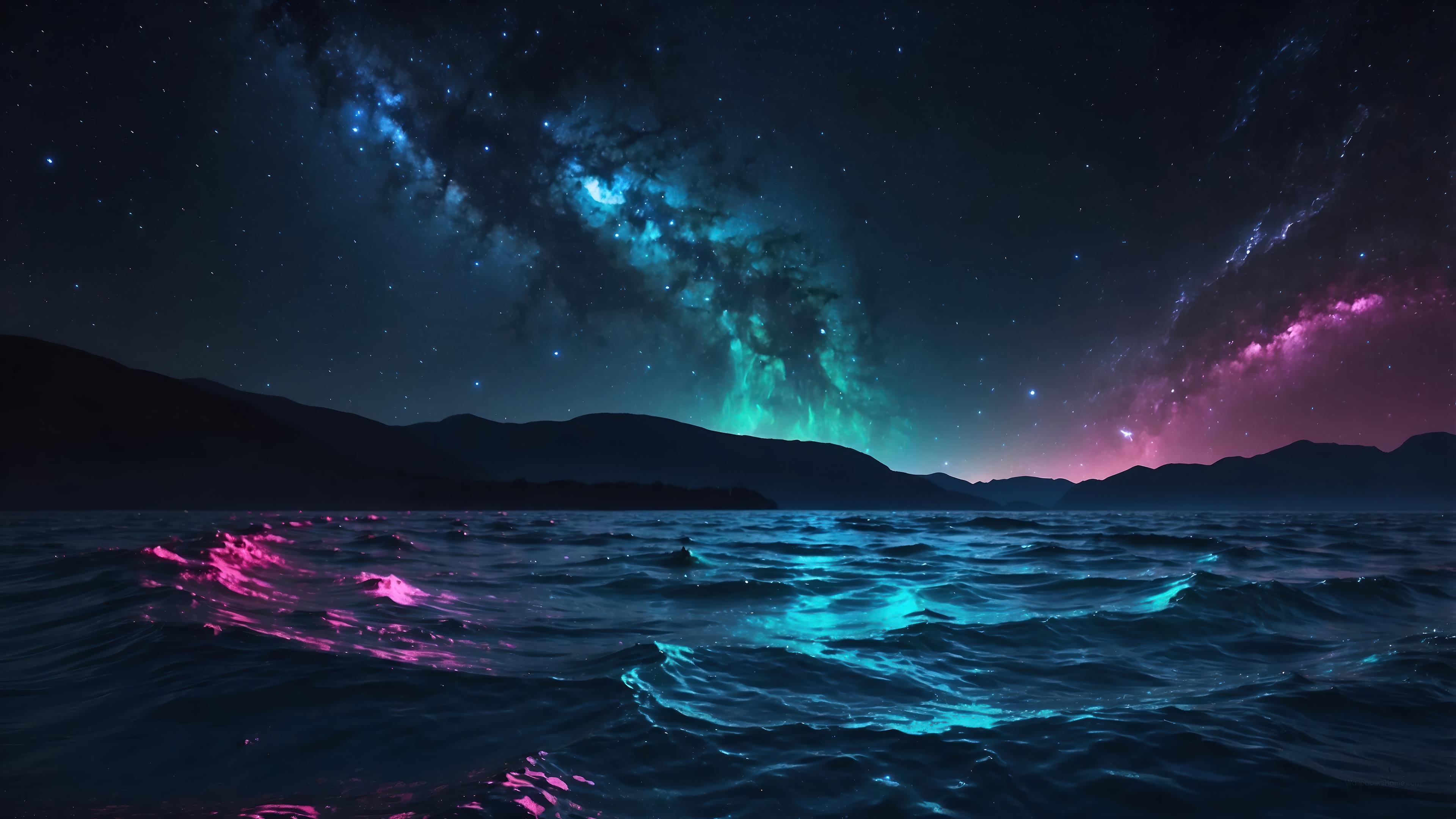 Colorful Night Sky Over Ocean Waves 4K HD Wallpaper