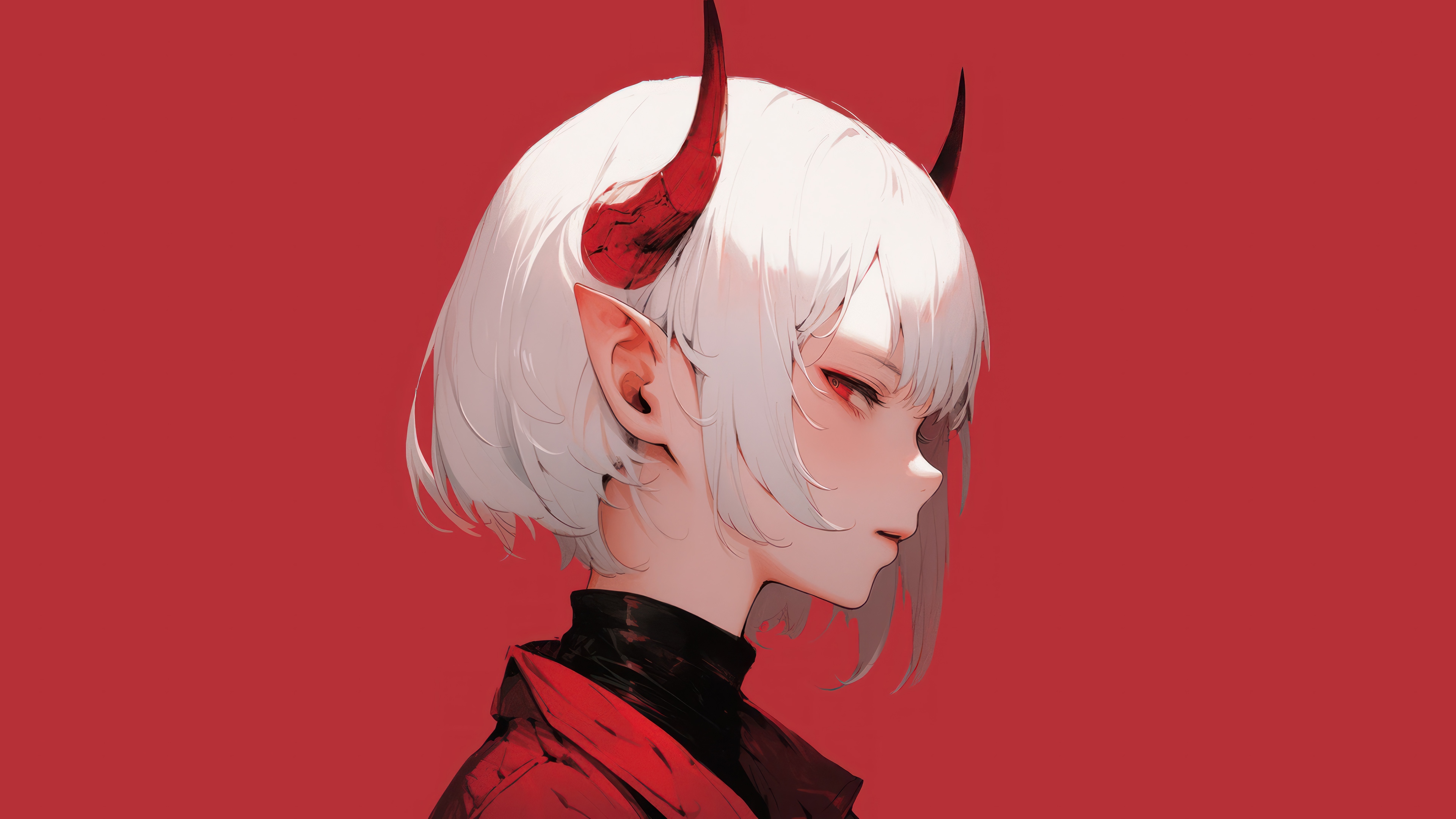 Anime Demon Girl with White Hair and Red Horns 4K HD Wallpaper