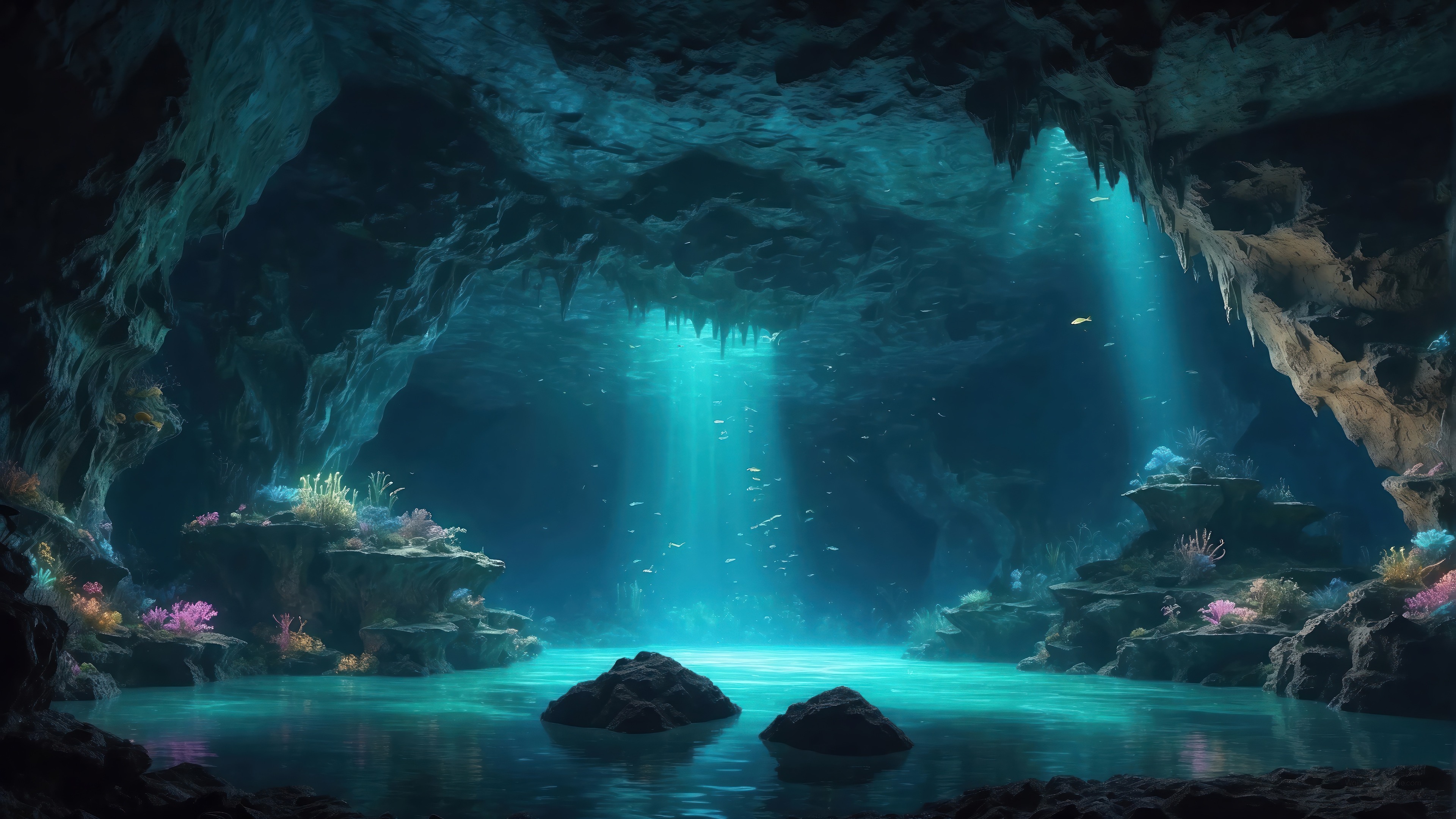 Underwater Cave with Coral and Sunbeams 4K HD Wallpaper