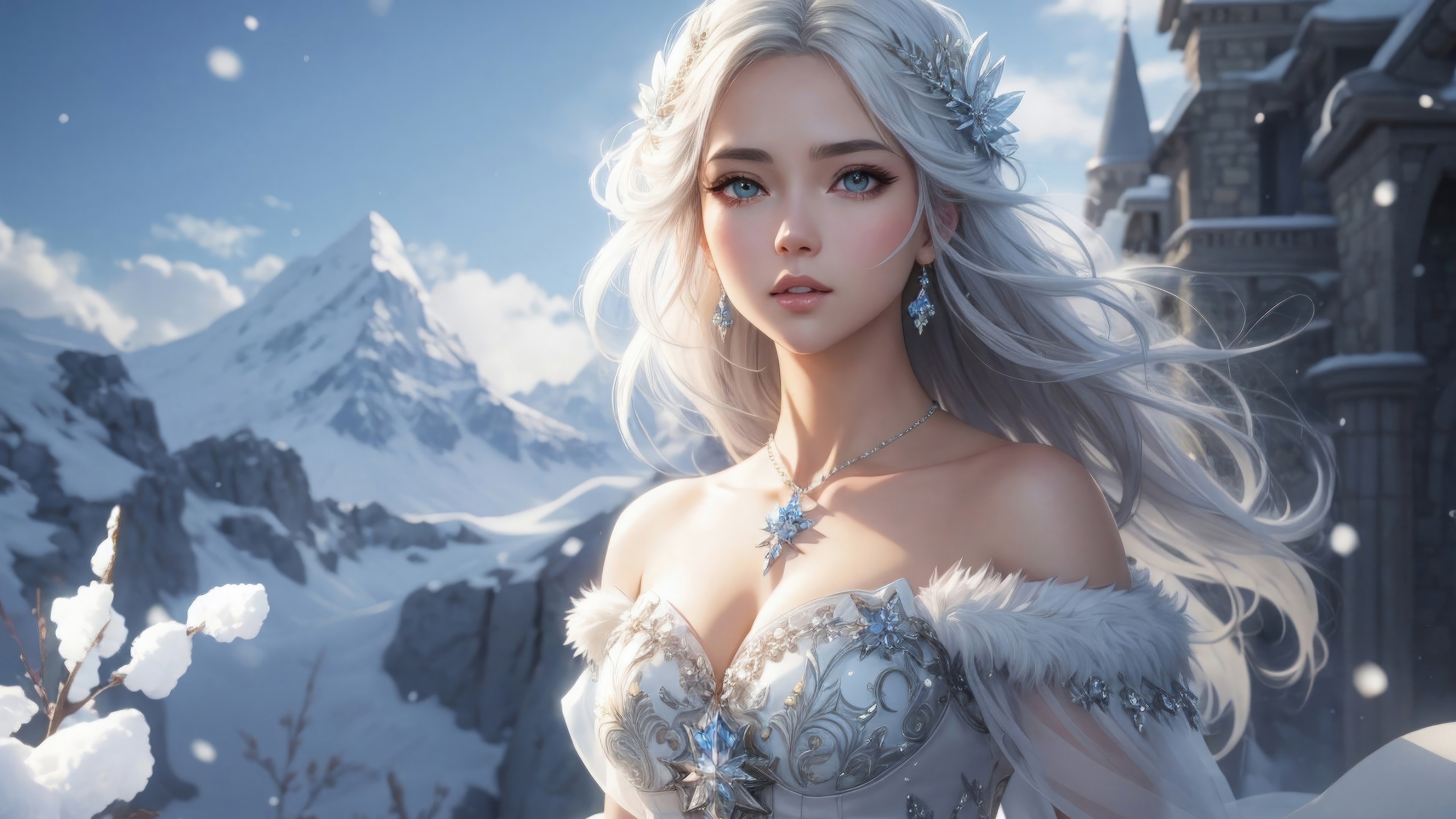 Beautiful Fantasy Princess with White Hair in Snow HD Wallpaper
