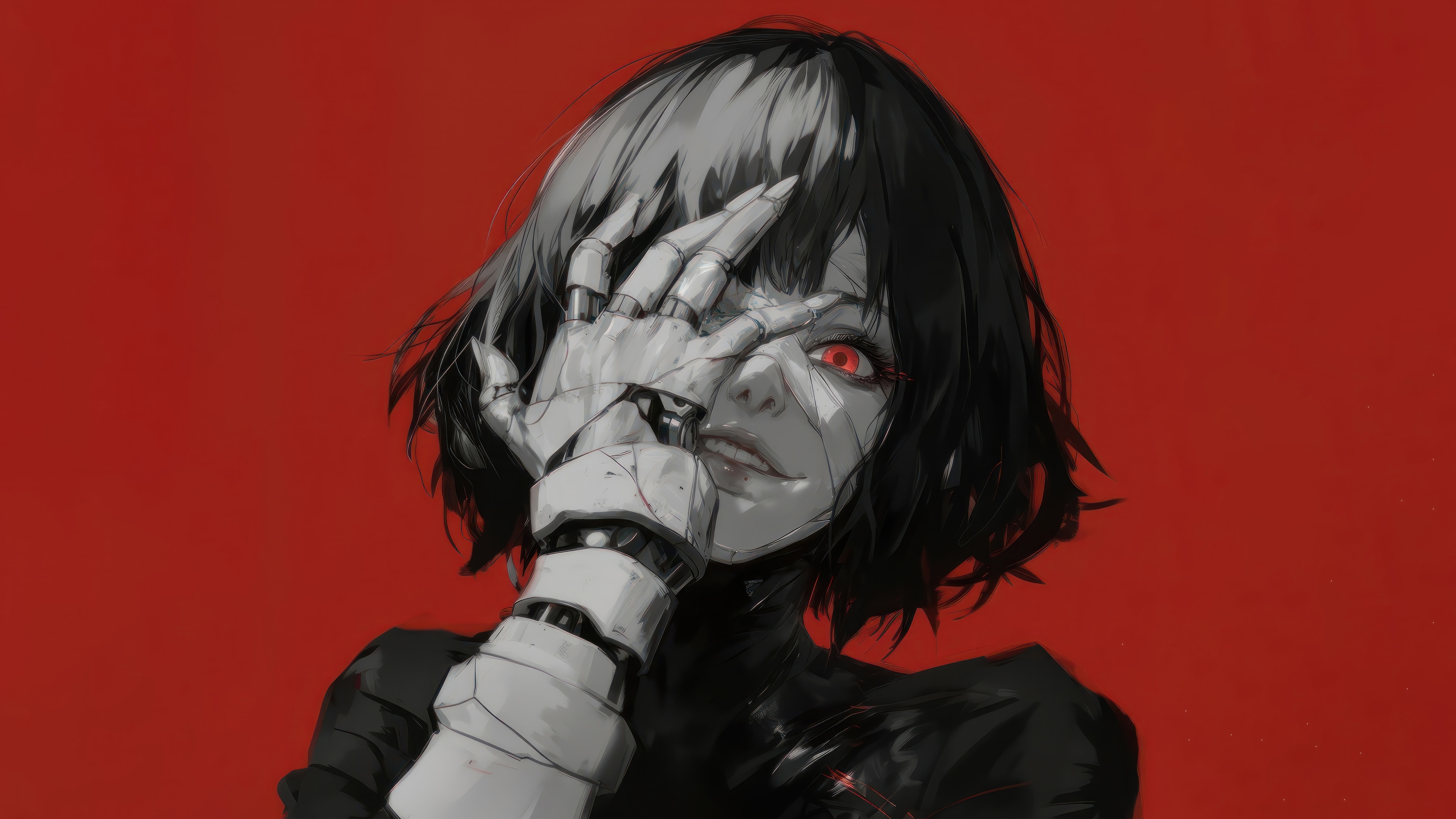 Anime Girl with Red Eyes and Robotic Arm 4K HD Wallpaper