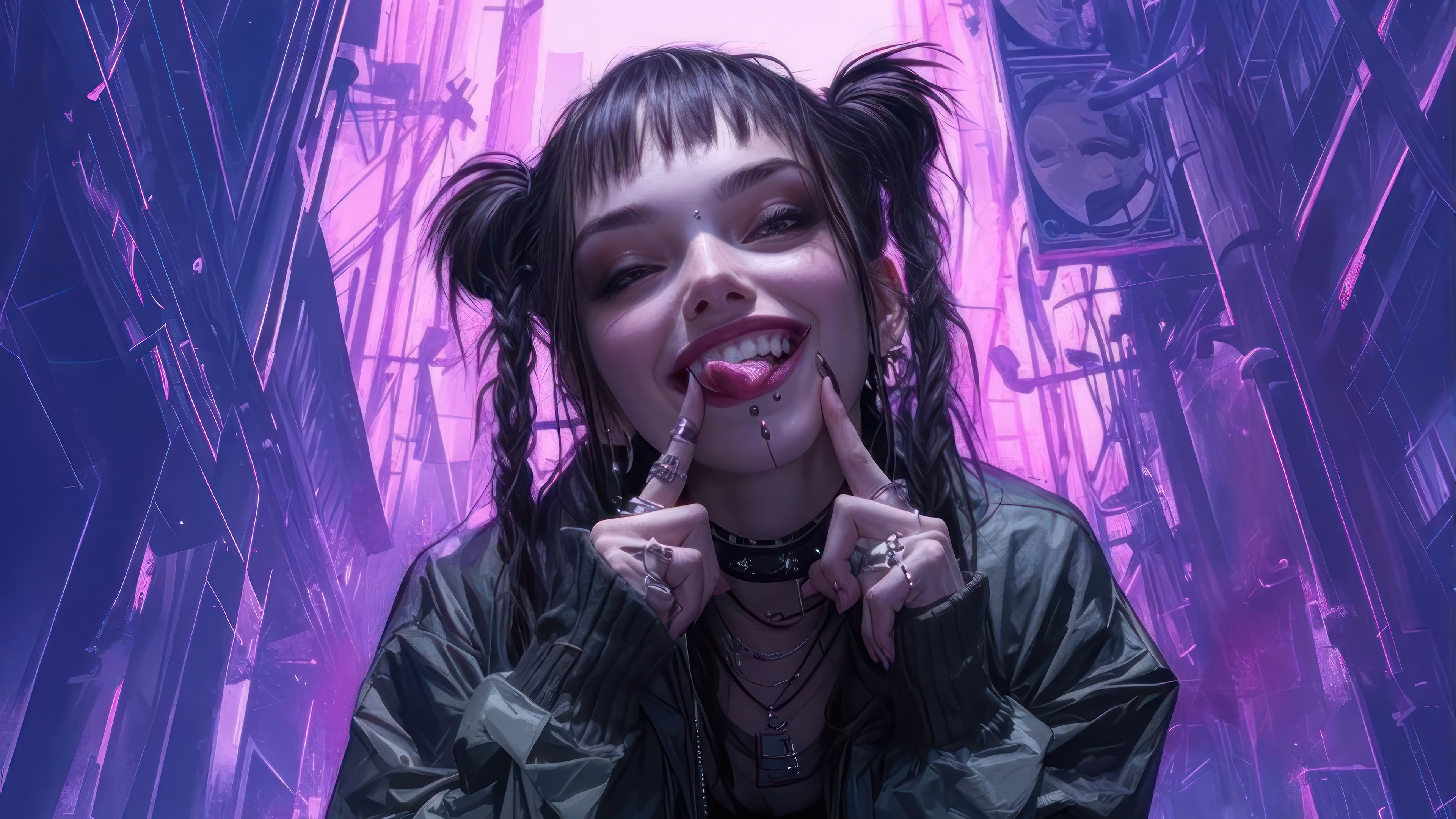 Anime Girl with Tongue Out and Piercings 4K HD Wallpaper