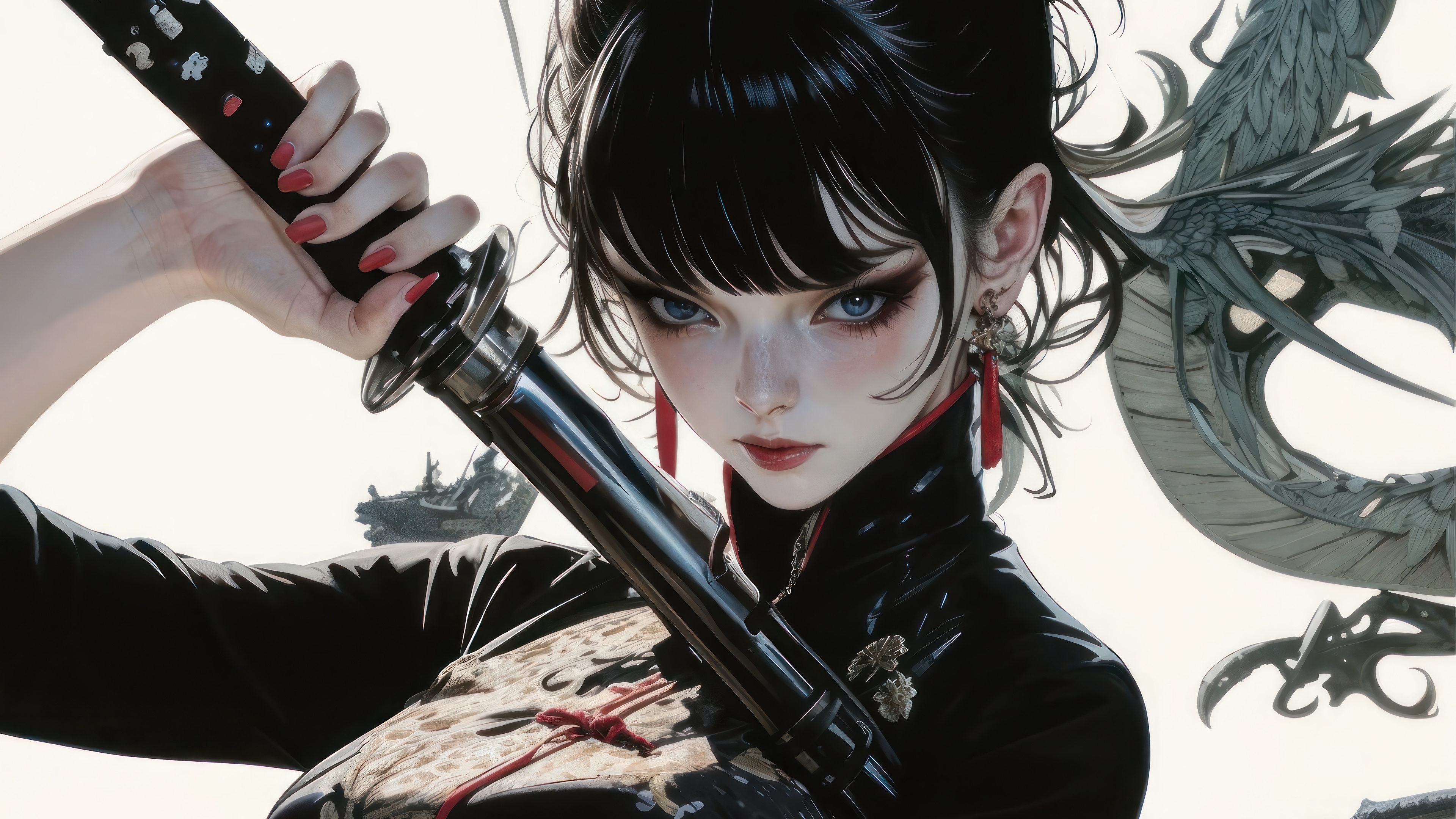Anime Girl with Sword and Dragon HD Wallpaper