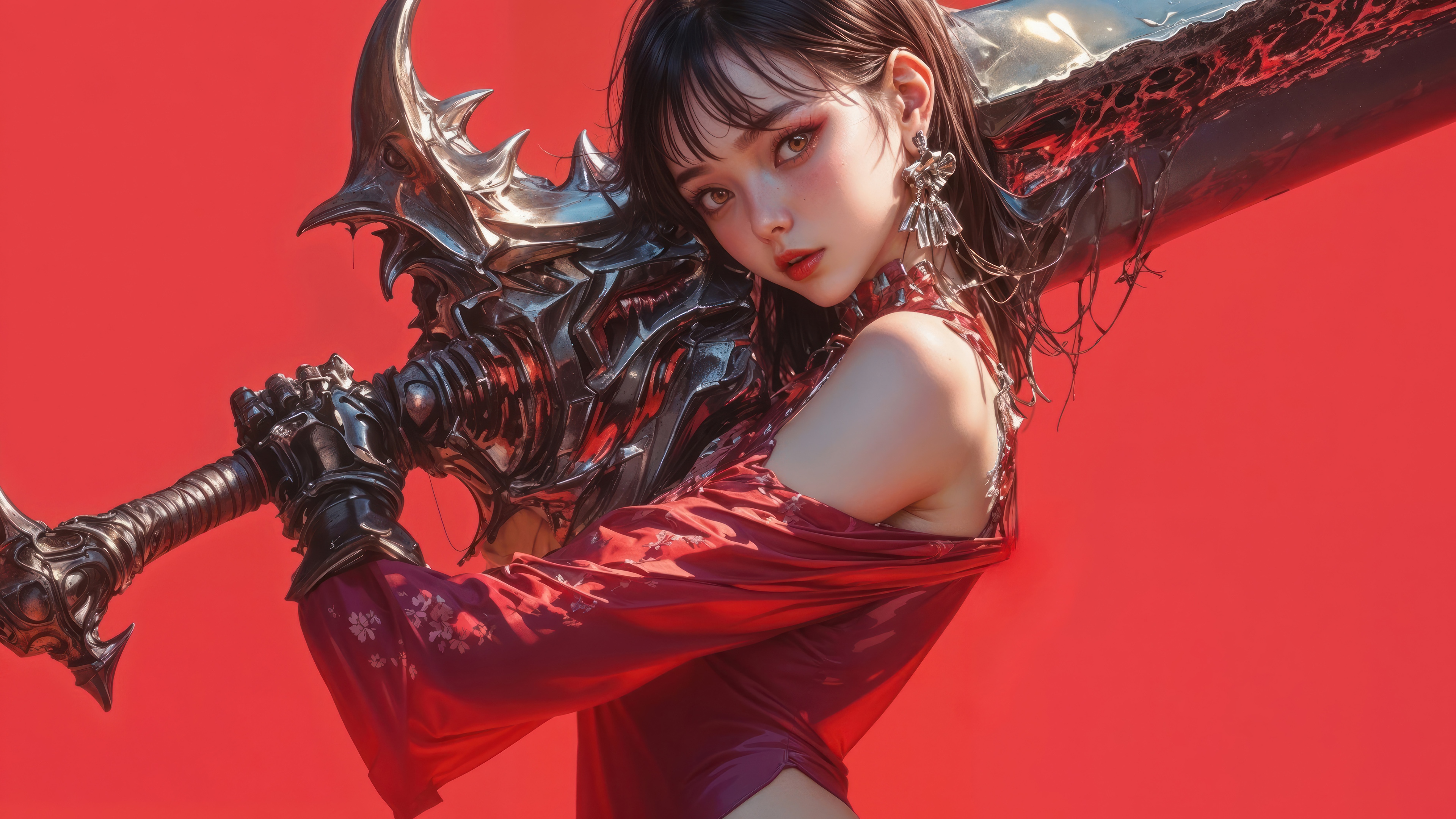 Anime Warrior Girl with Large Sword 4K HD Wallpaper