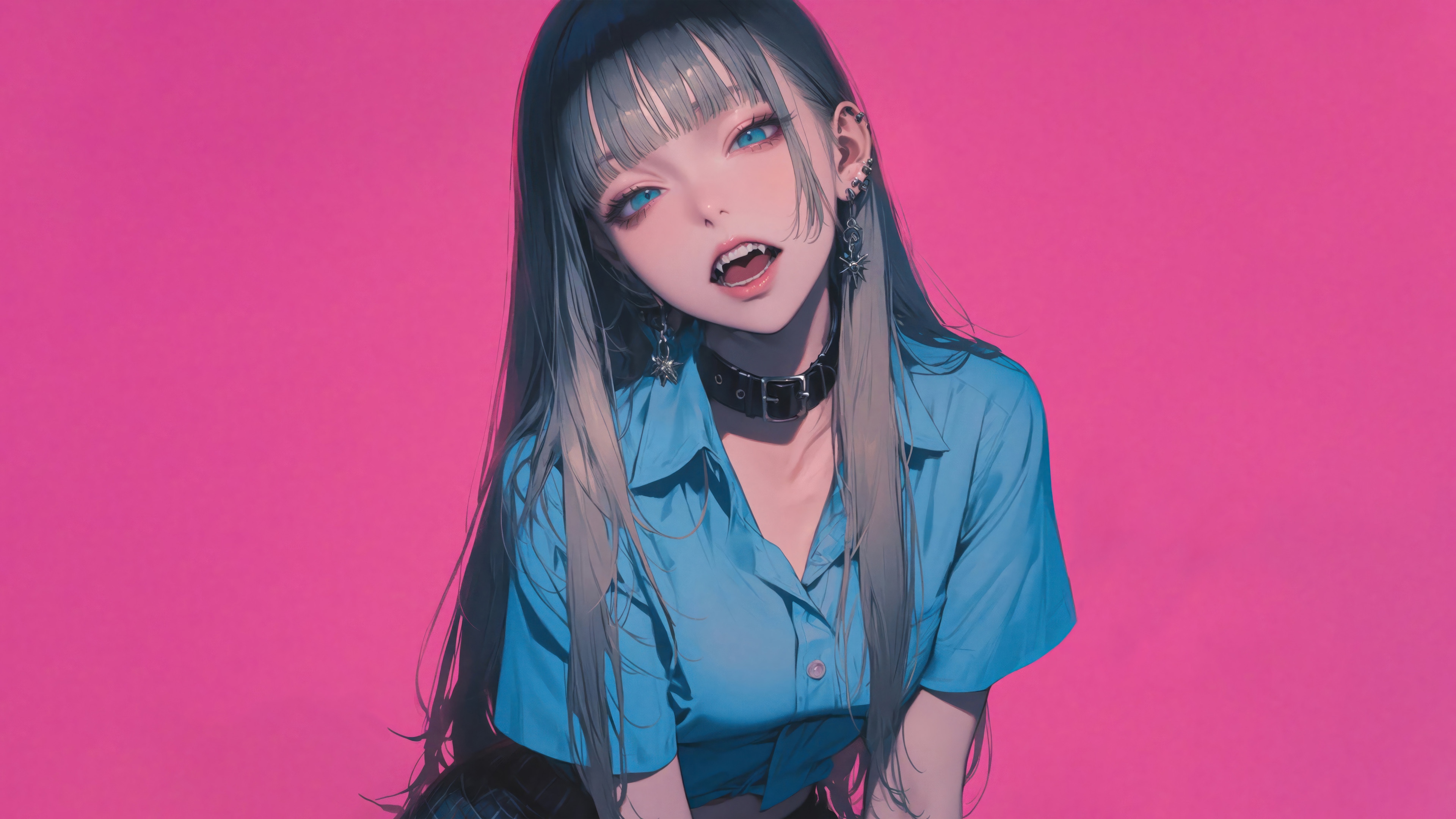 Anime Girl with Fangs and Blue Shirt 4K HD Wallpaper