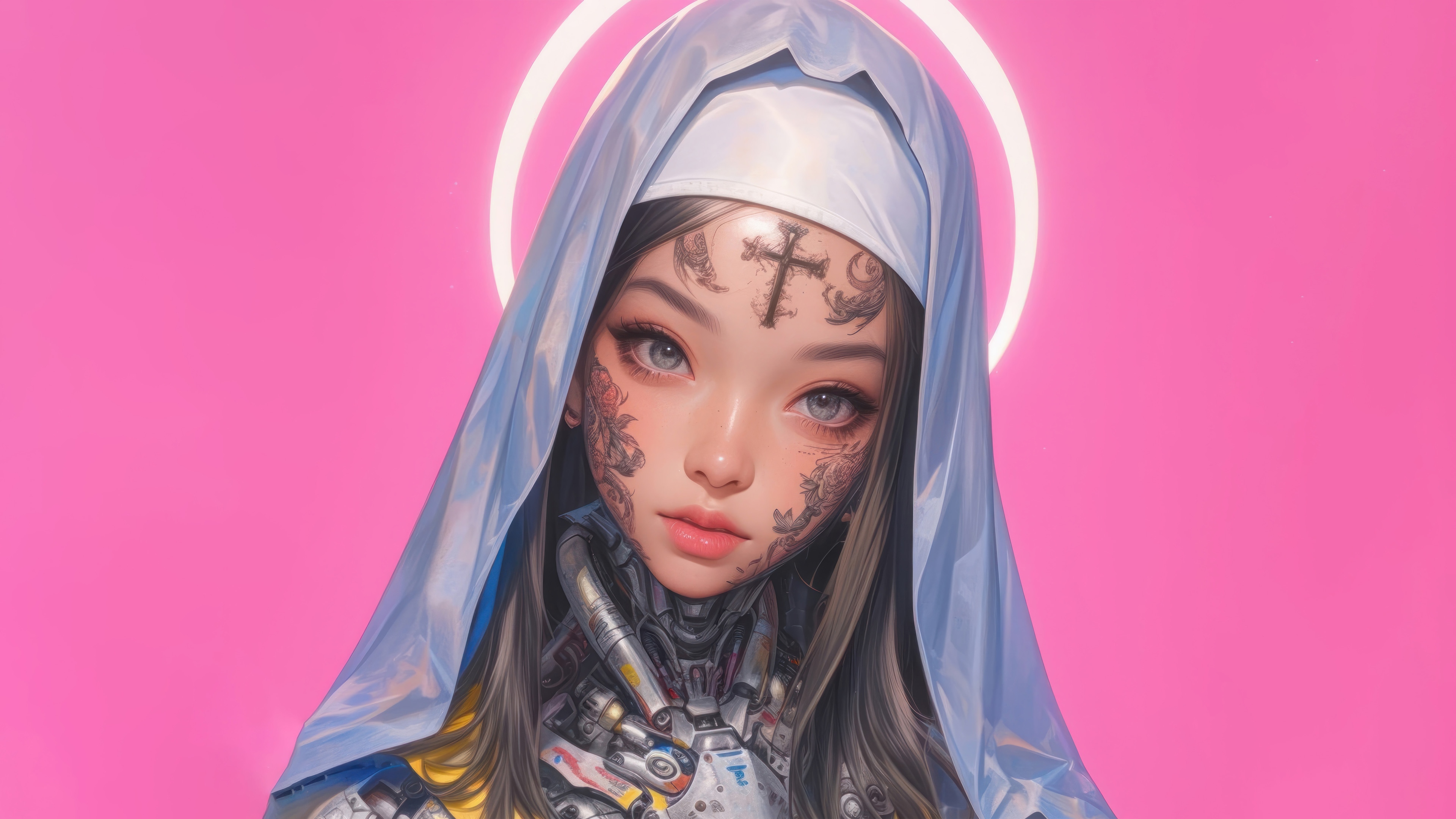 Cyberpunk Nun with Tattoos and Halo HD Wallpaper