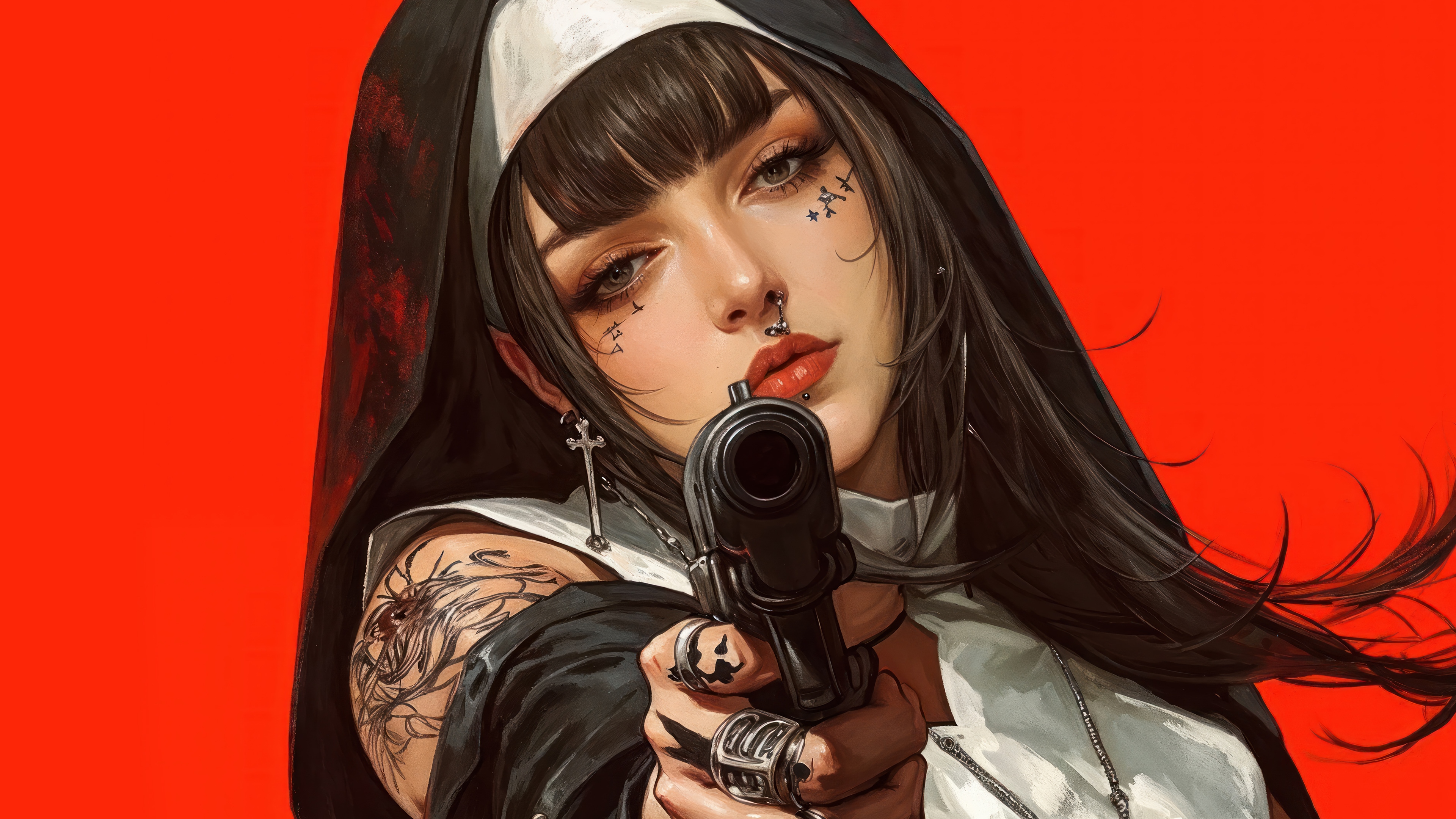Anime Nun Holding a Gun 4K HD Wallpaper