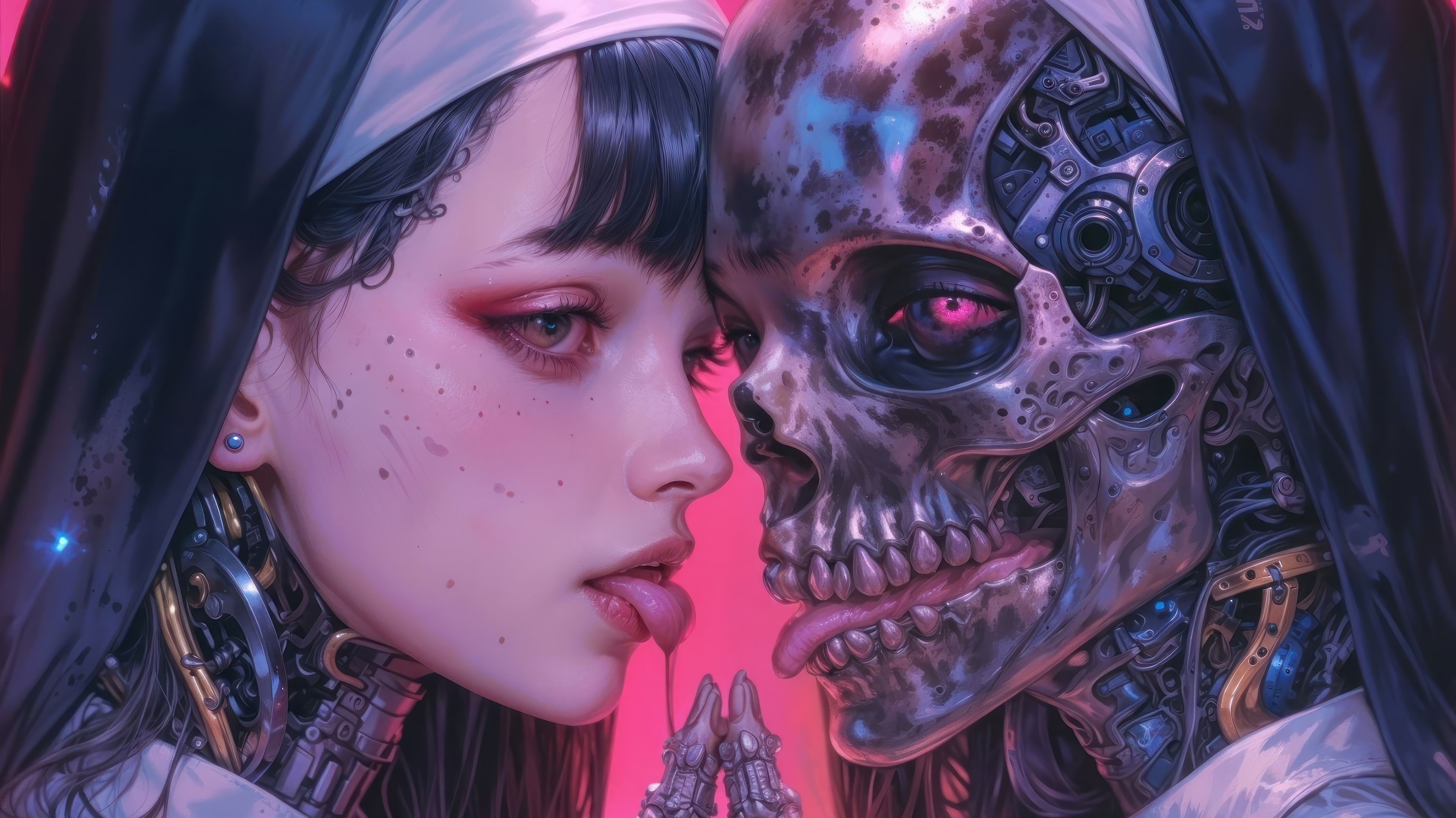 Cyberpunk Sci-Fi Nun and Robot Skull HD Wallpaper