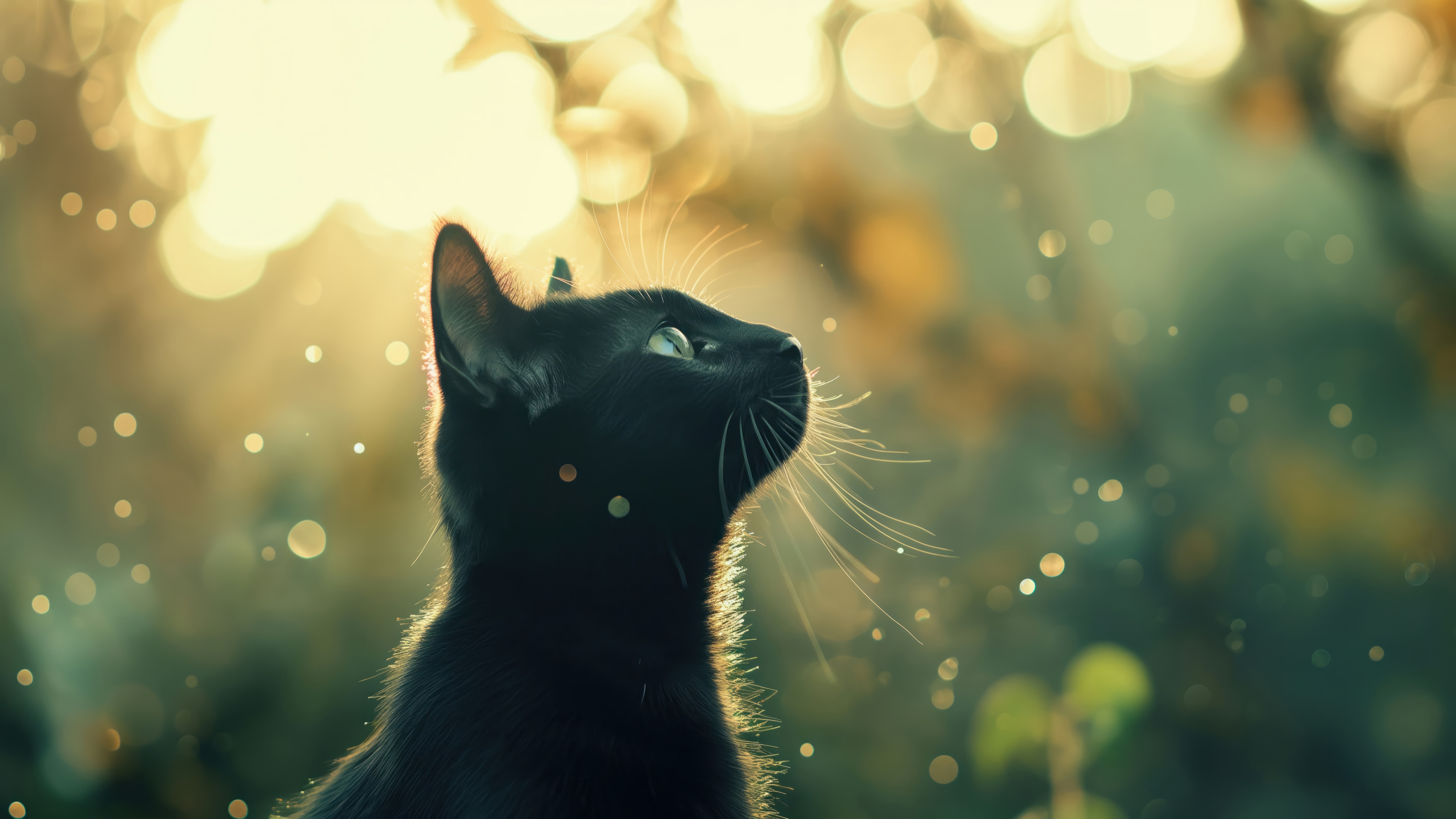 Black Cat Looking Up in Sunlight 4K HD Wallpaper