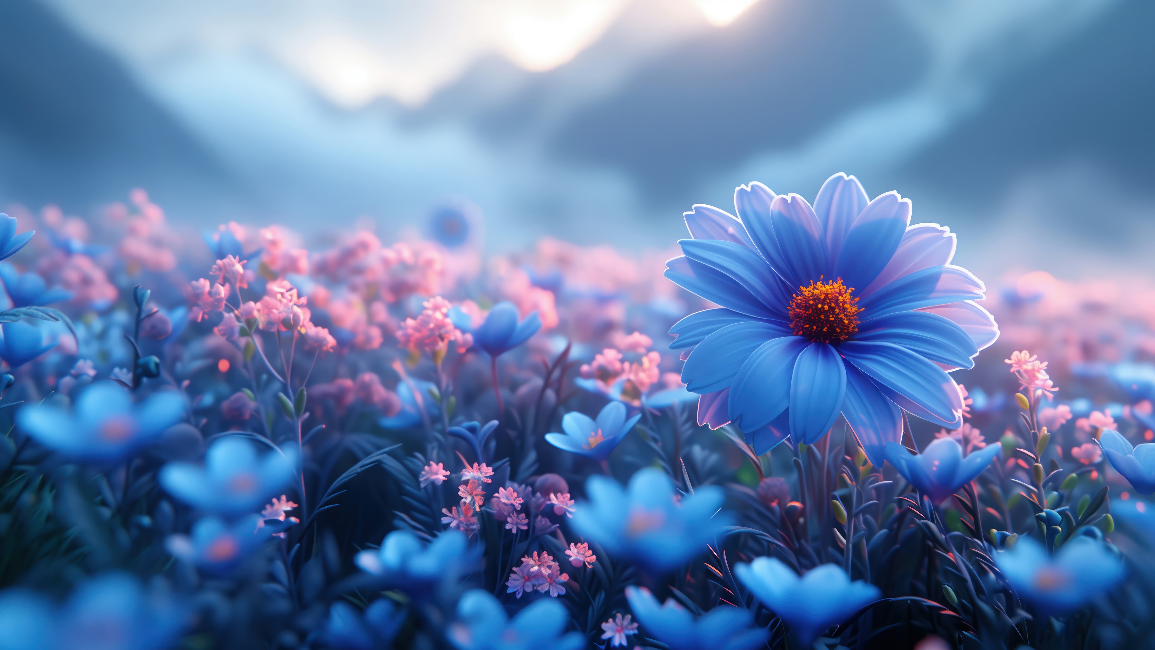 Blue and Pink Flowers in a Field 4K HD Wallpaper