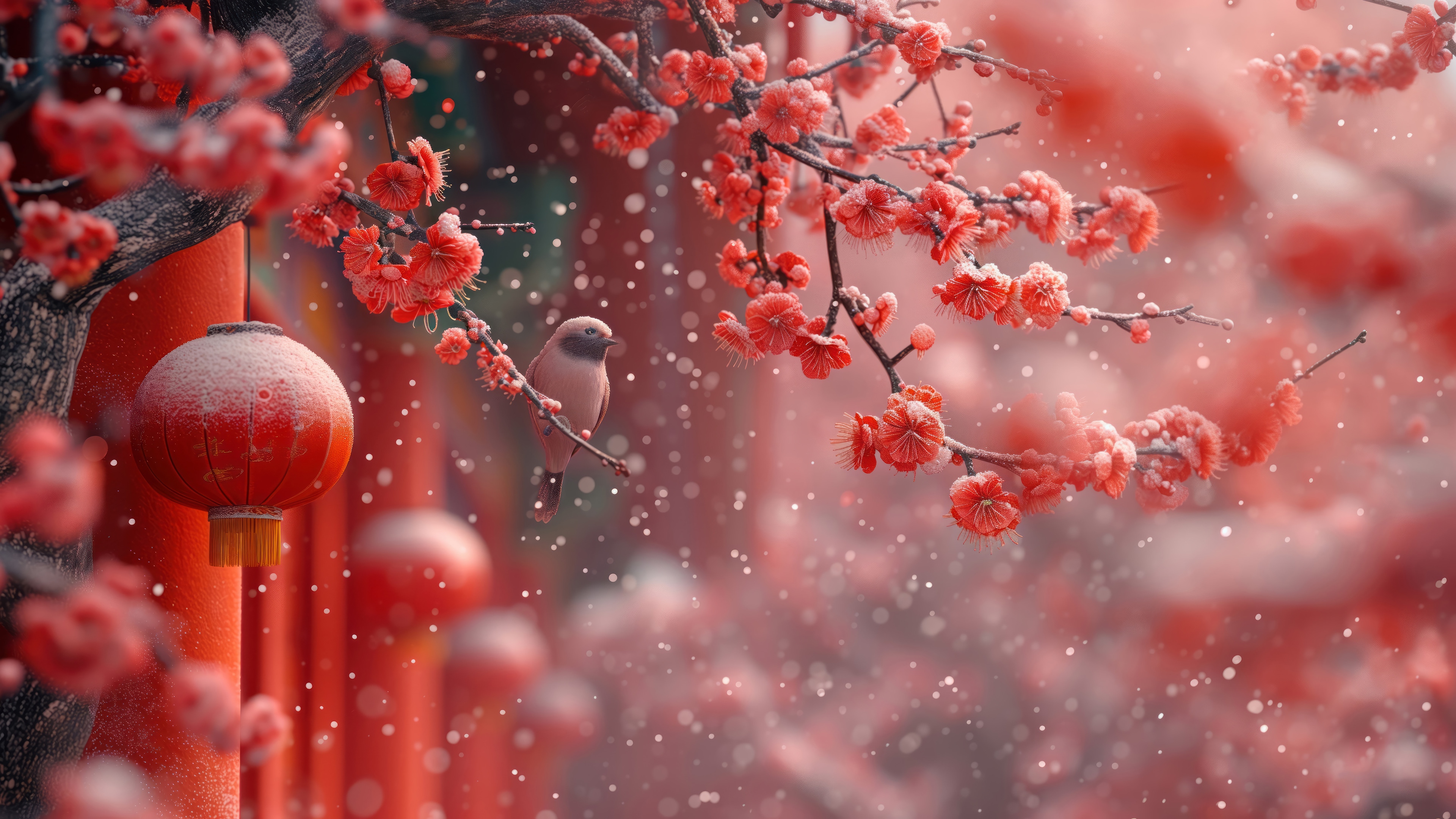 Red Lanterns and Cherry Blossoms with a Bird in 4K HD Wallpaper