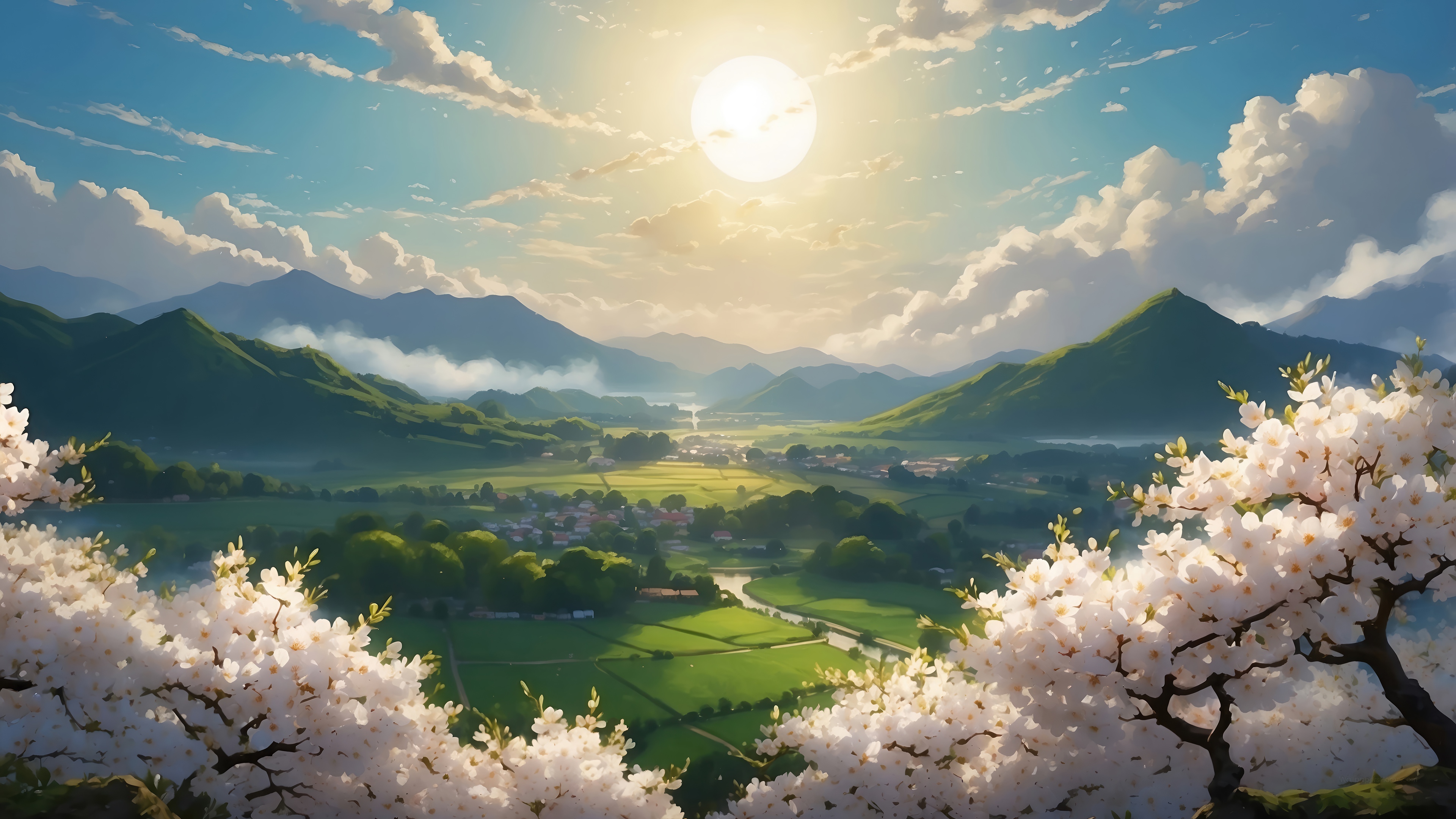 Sunrise over a valley with mountains and cherry blossoms 4K HD Wallpaper