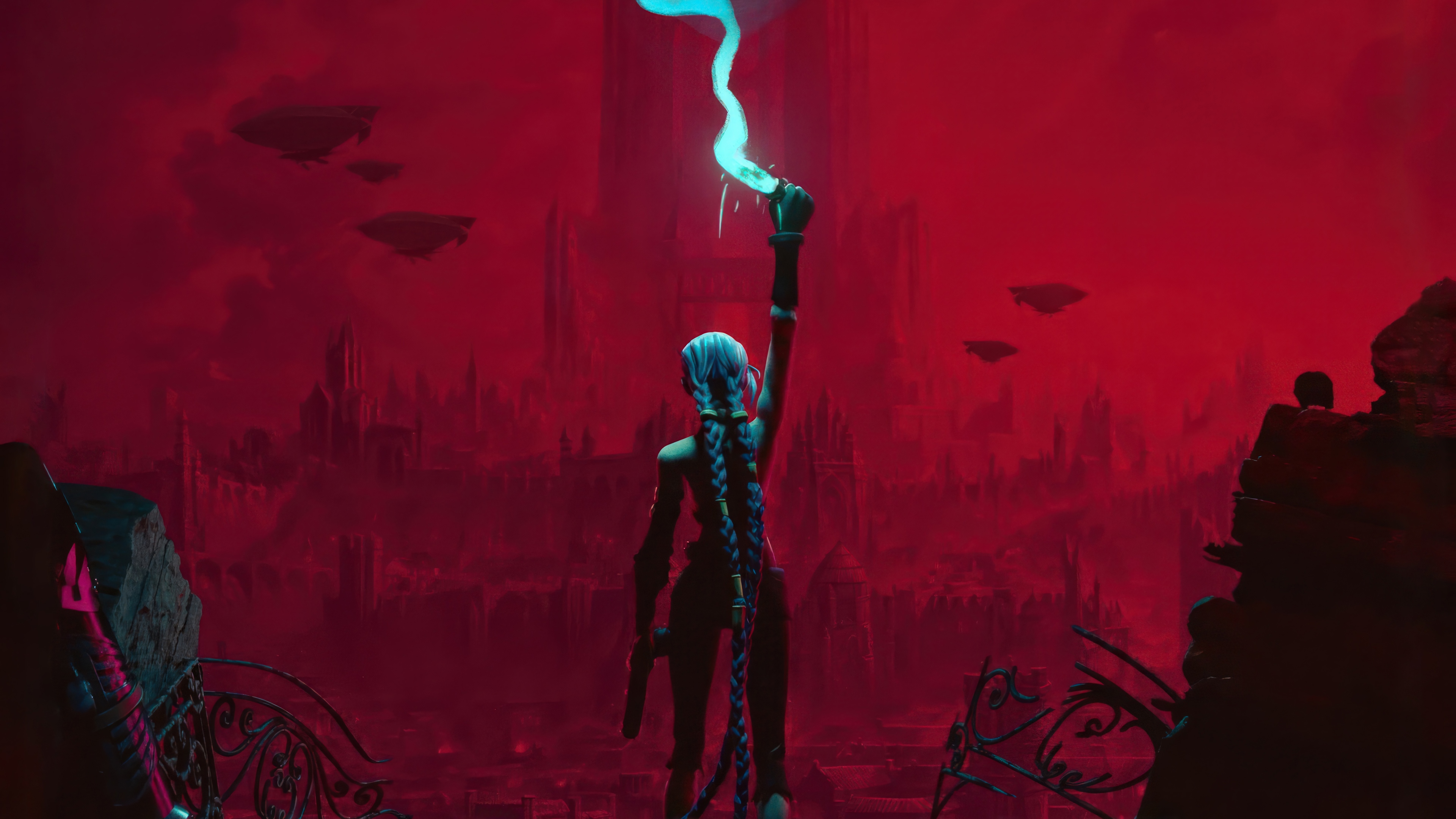 Jinx from Arcane with blue smoke in a red city HD Wallpaper