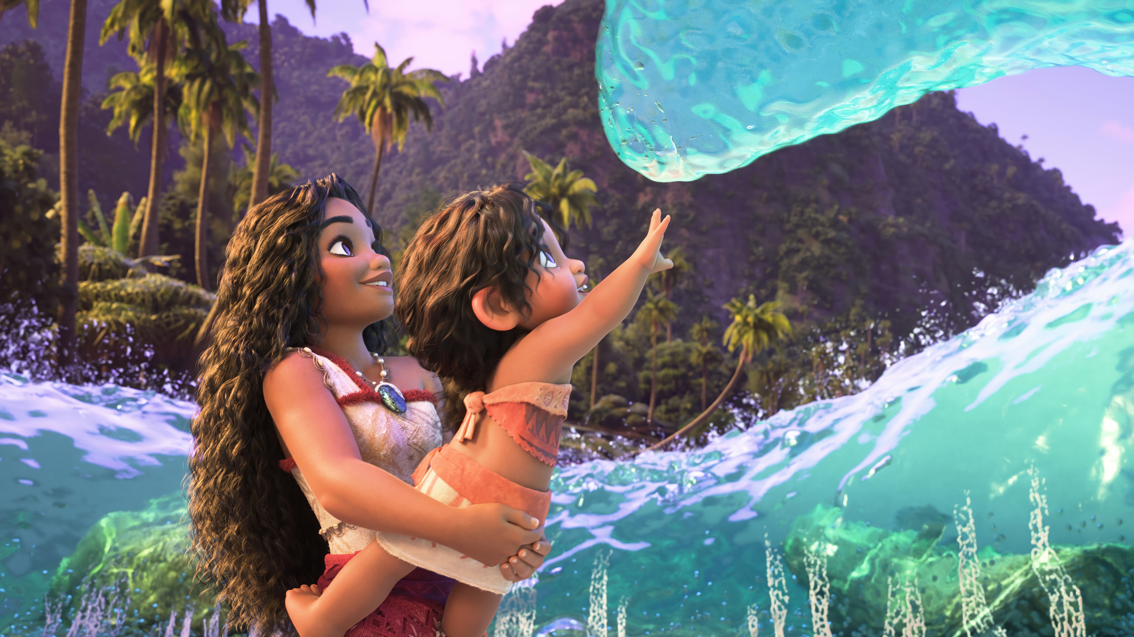 Moana and baby Moana with water HD Wallpaper