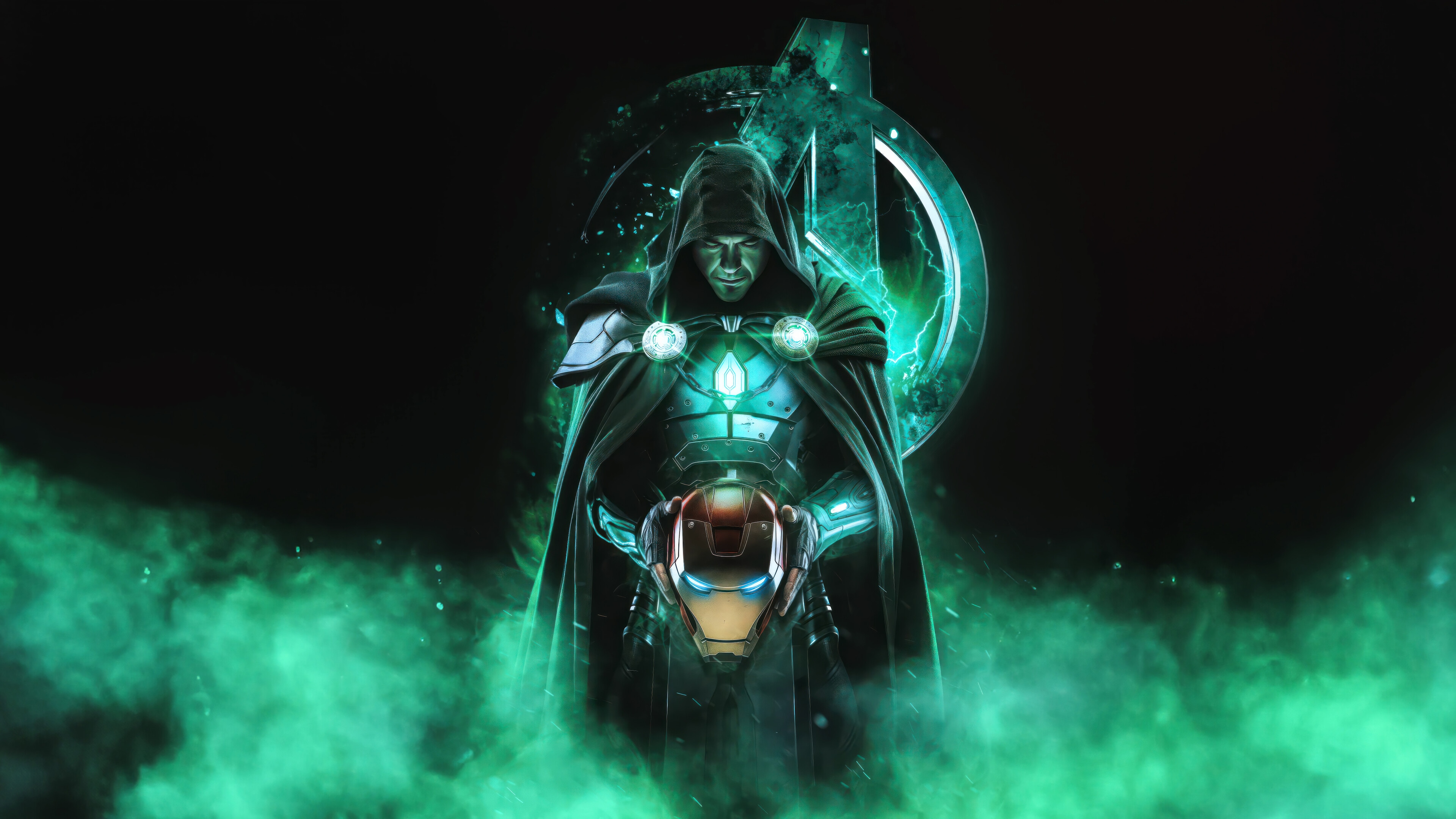 Doctor Doom holding Iron Man's helmet with Avengers logo HD Wallpaper