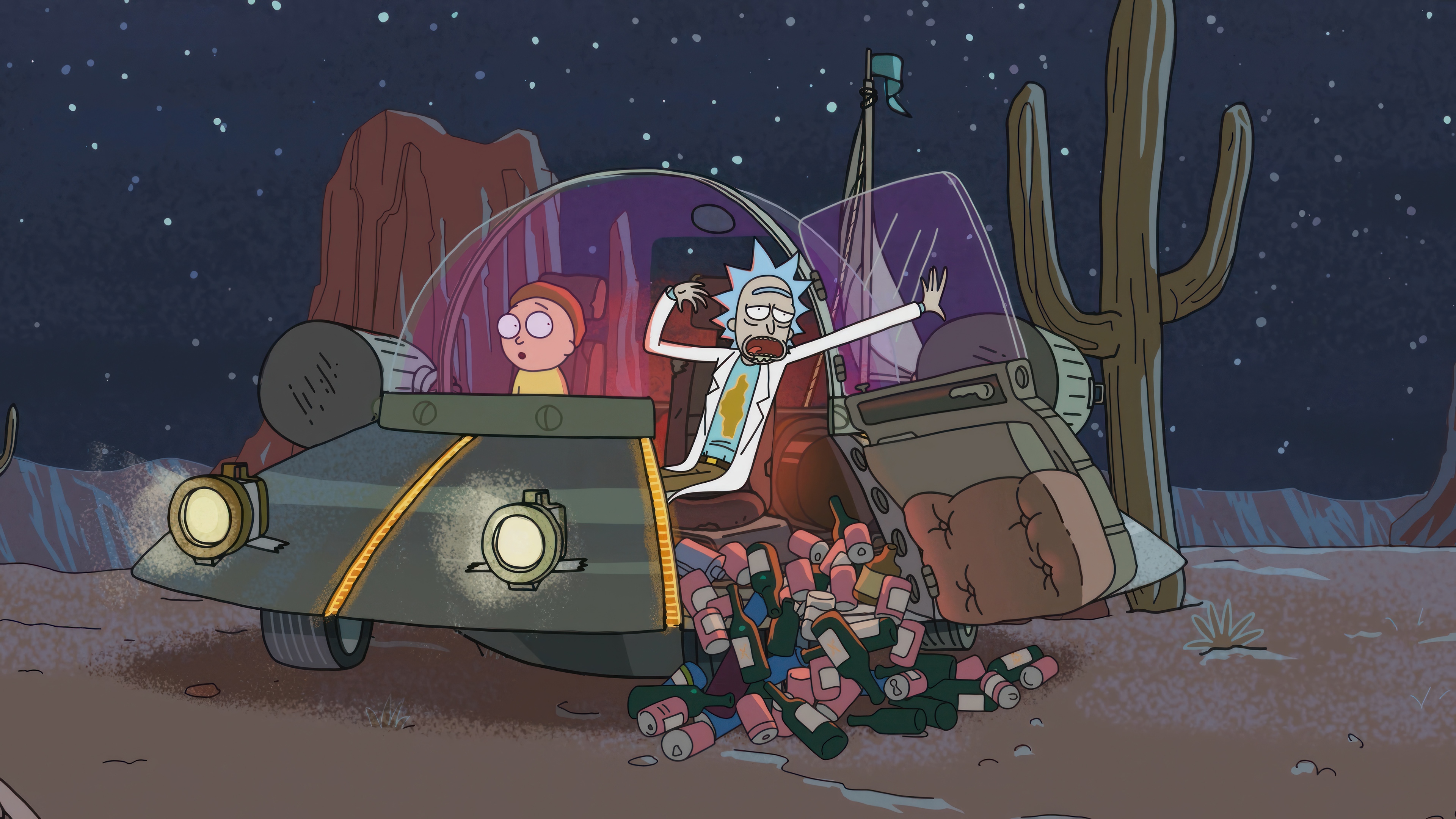Rick and Morty in a spaceship with empty bottles HD Wallpaper