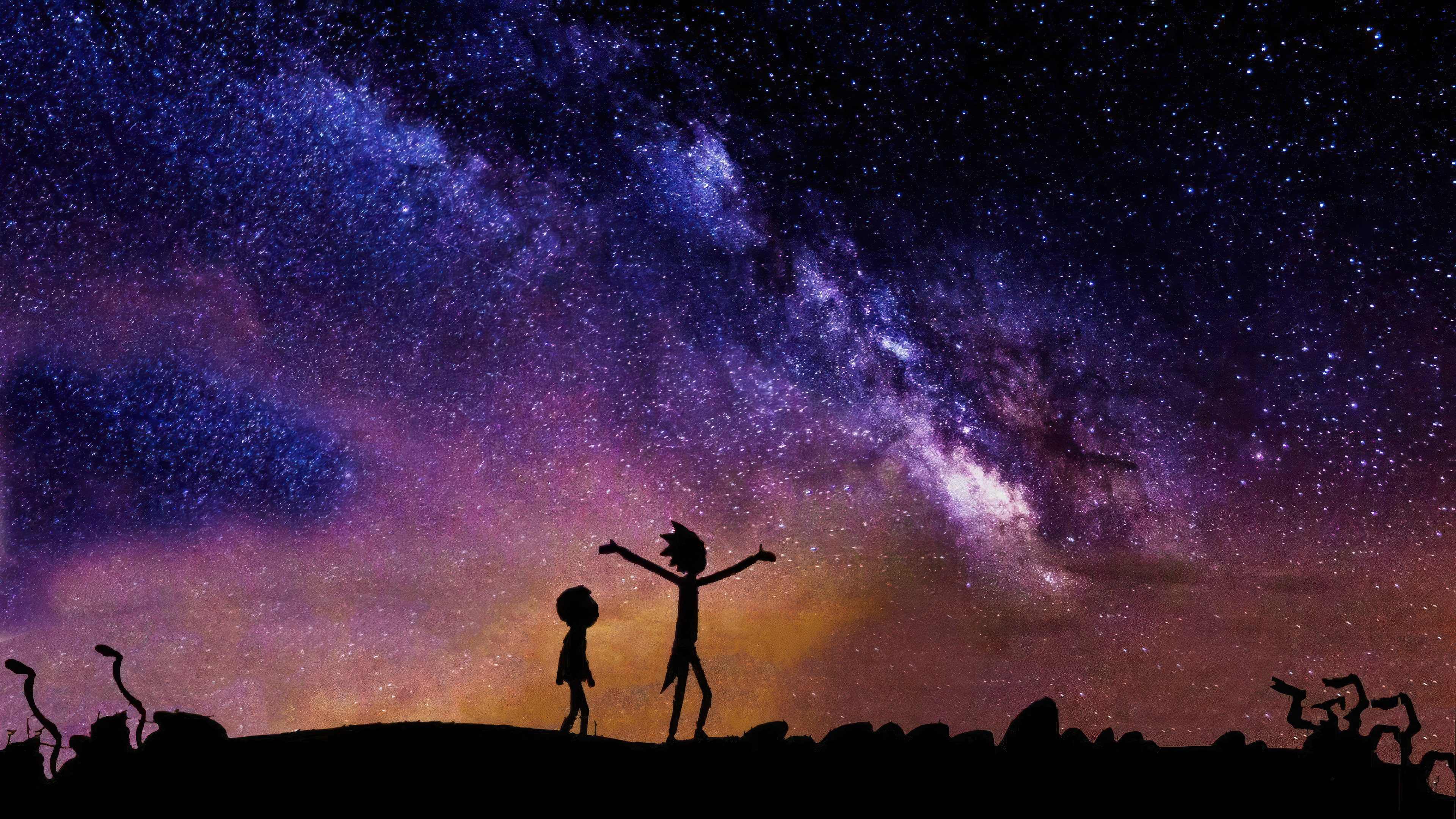 Rick and Morty Silhouettes Under the Milky Way 4K HD Wallpaper