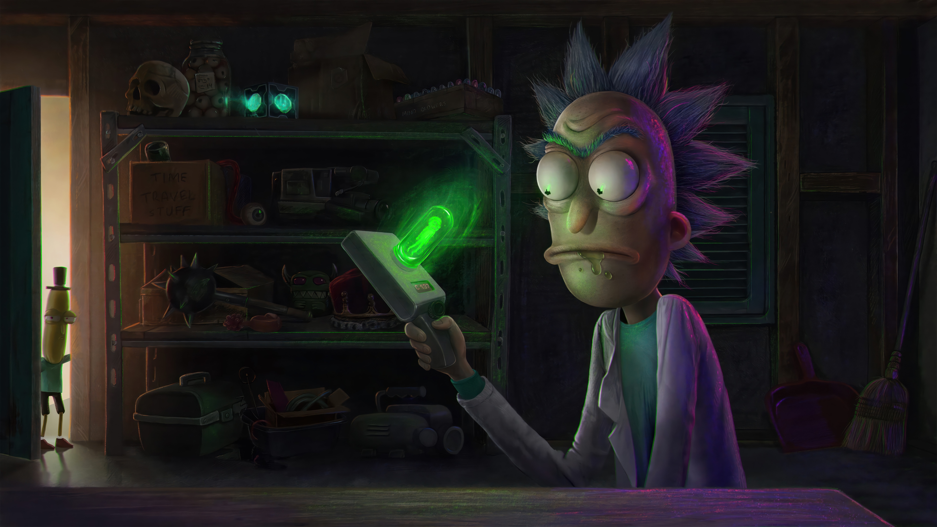 Rick Sanchez with Portal Gun in Garage 4K HD Wallpaper