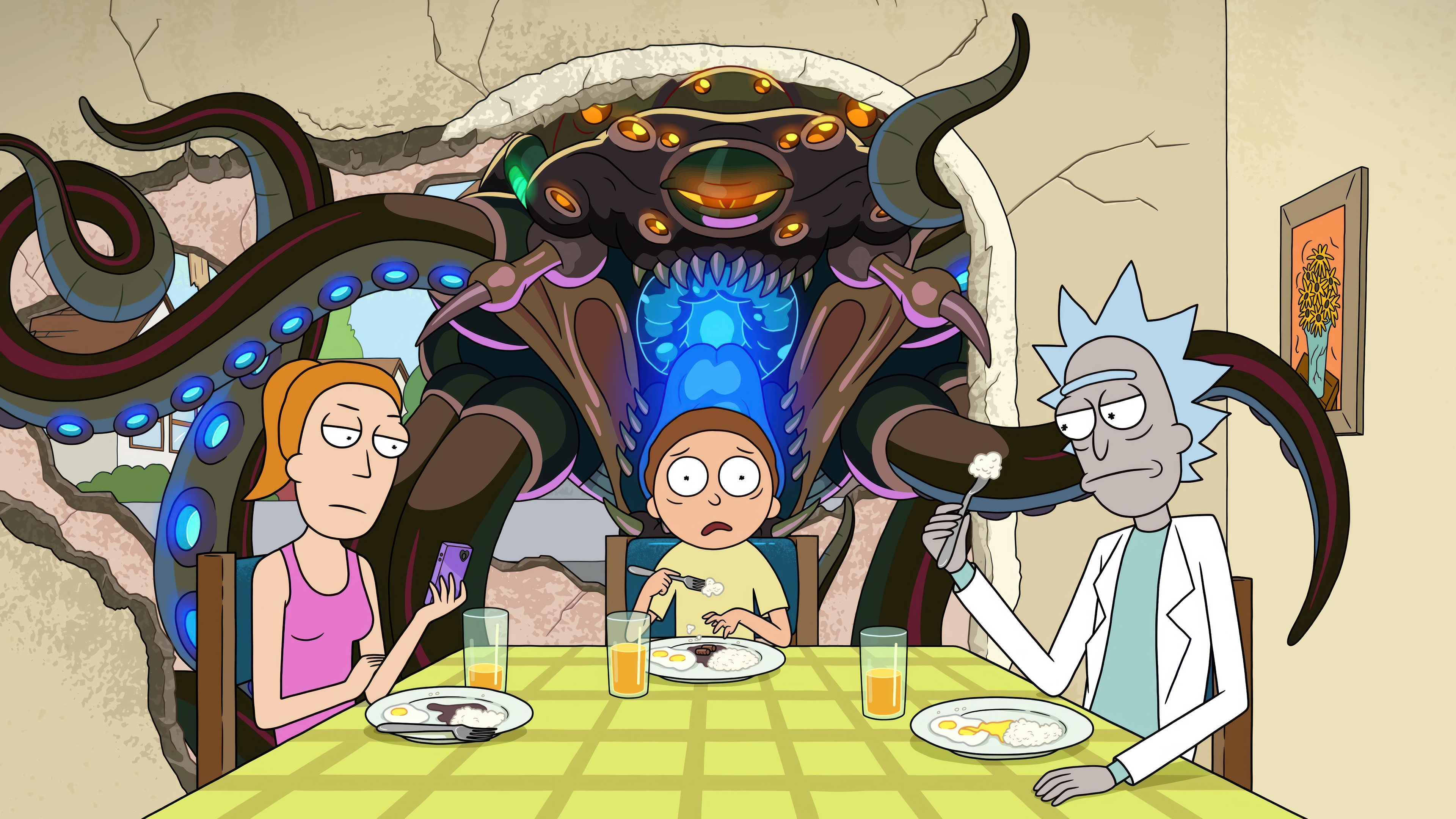 Rick and Morty: Giant Monster Attacks Family Dinner HD Wallpaper