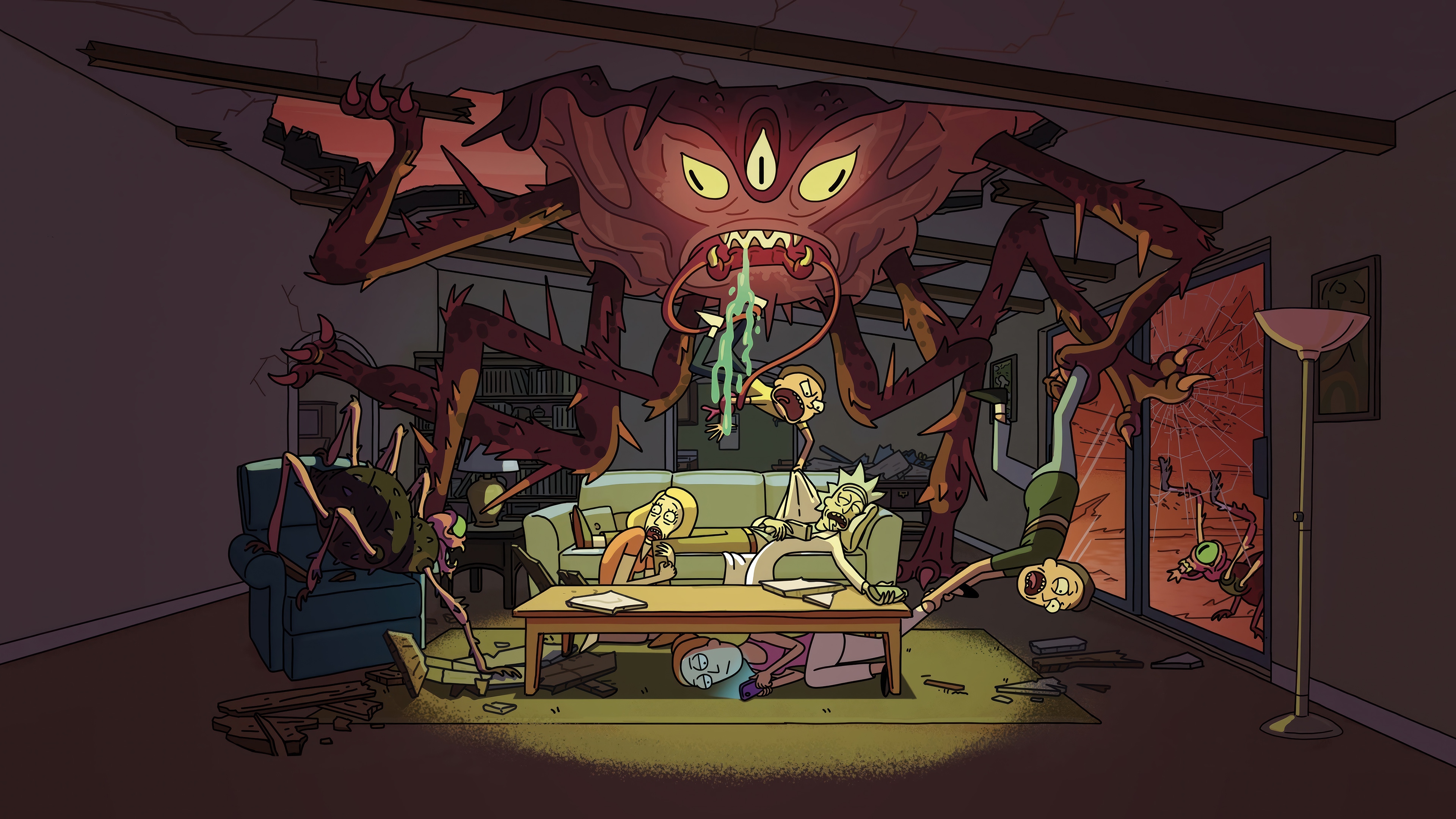 Rick and Morty: Monster Attack in Living Room 4K HD Wallpaper