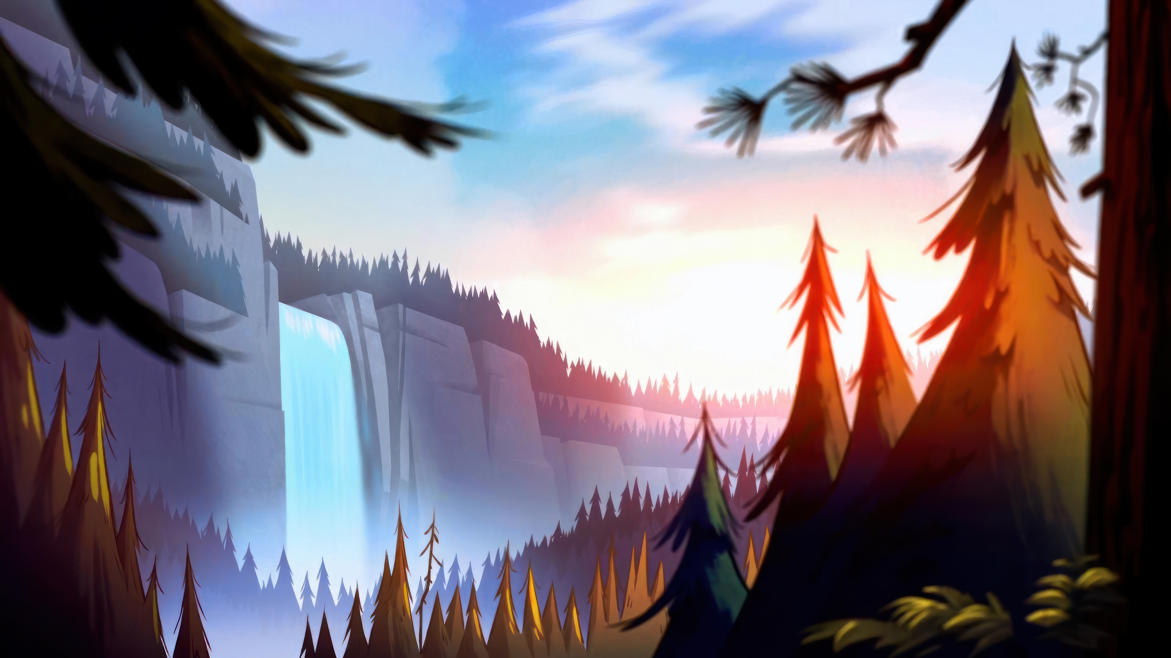 Gravity Falls Waterfall and Forest Scenery 4K HD Wallpaper