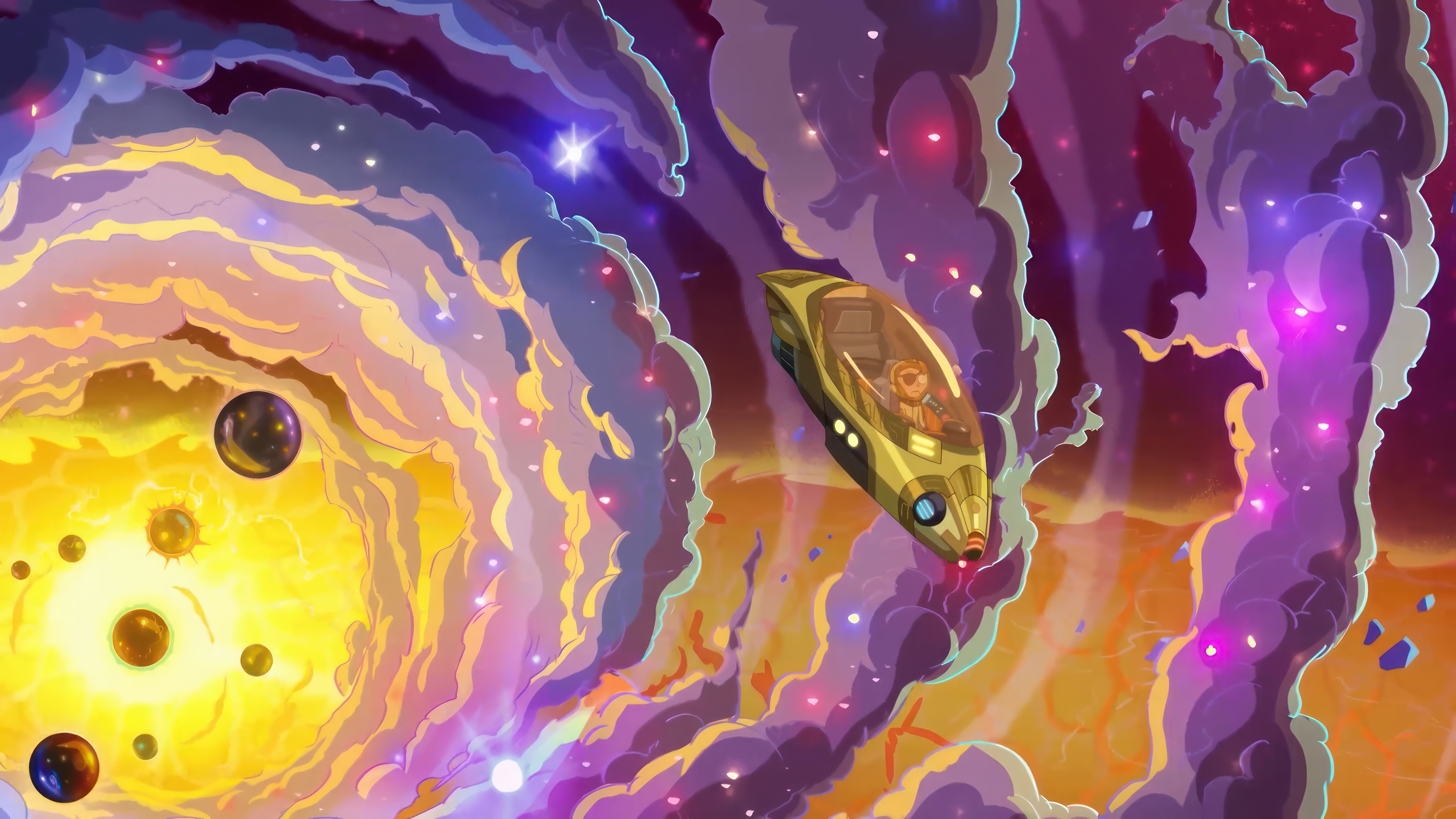 Rick and Morty Spaceship in Nebula 4K HD Wallpaper