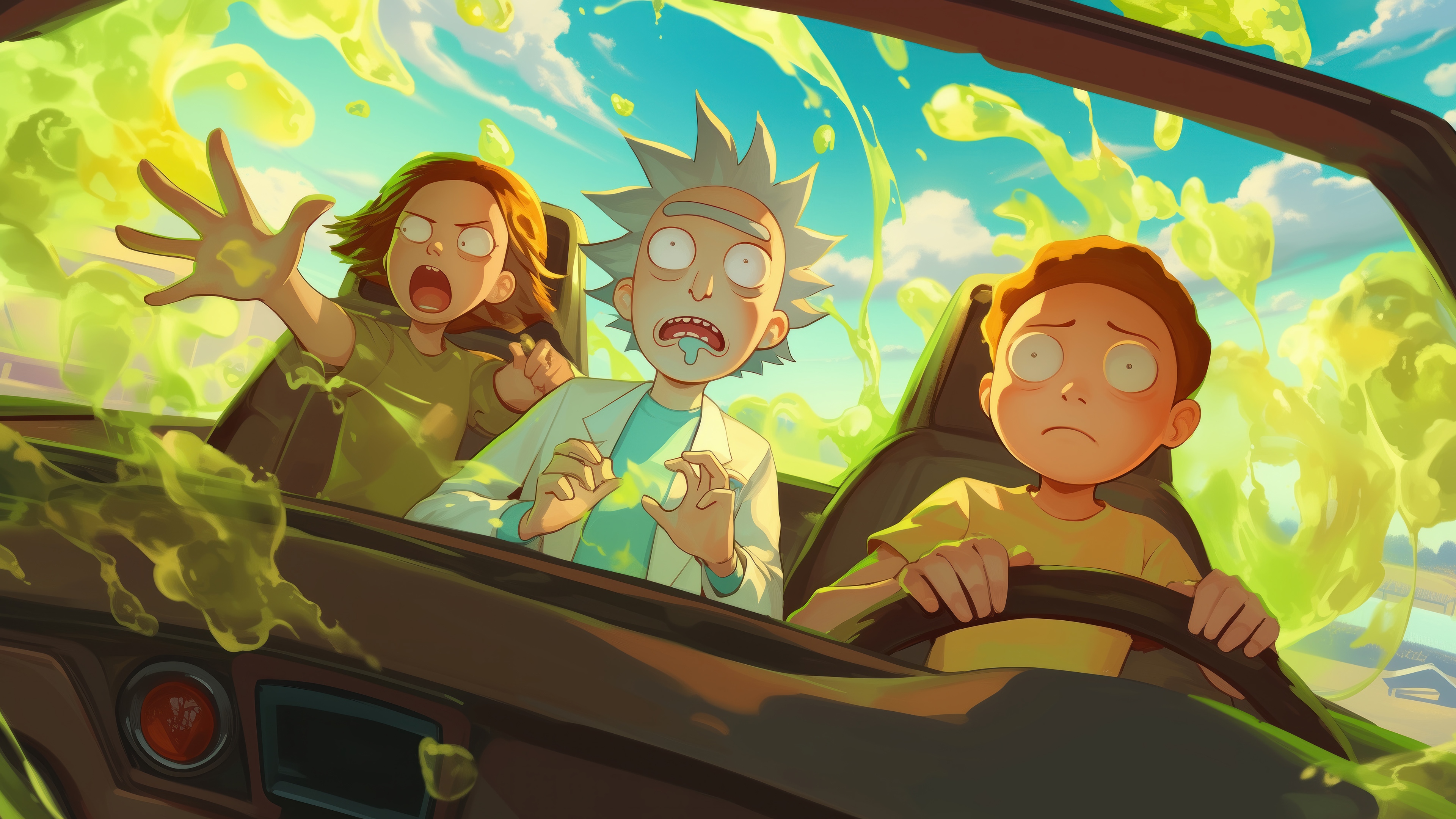 Rick and Morty in a car with green slime HD Wallpaper