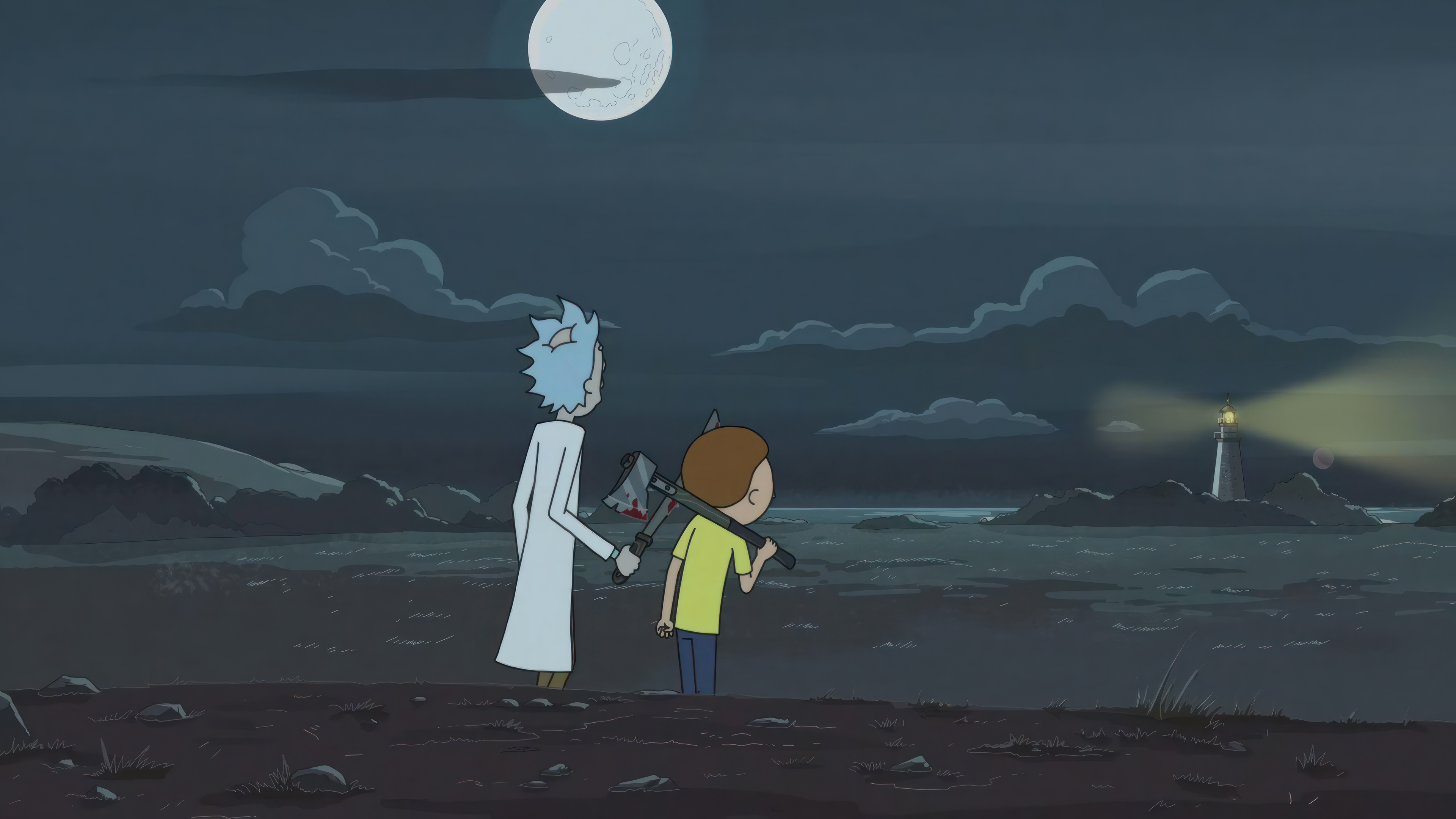 Rick and Morty on a dark shore with a lighthouse HD Wallpaper