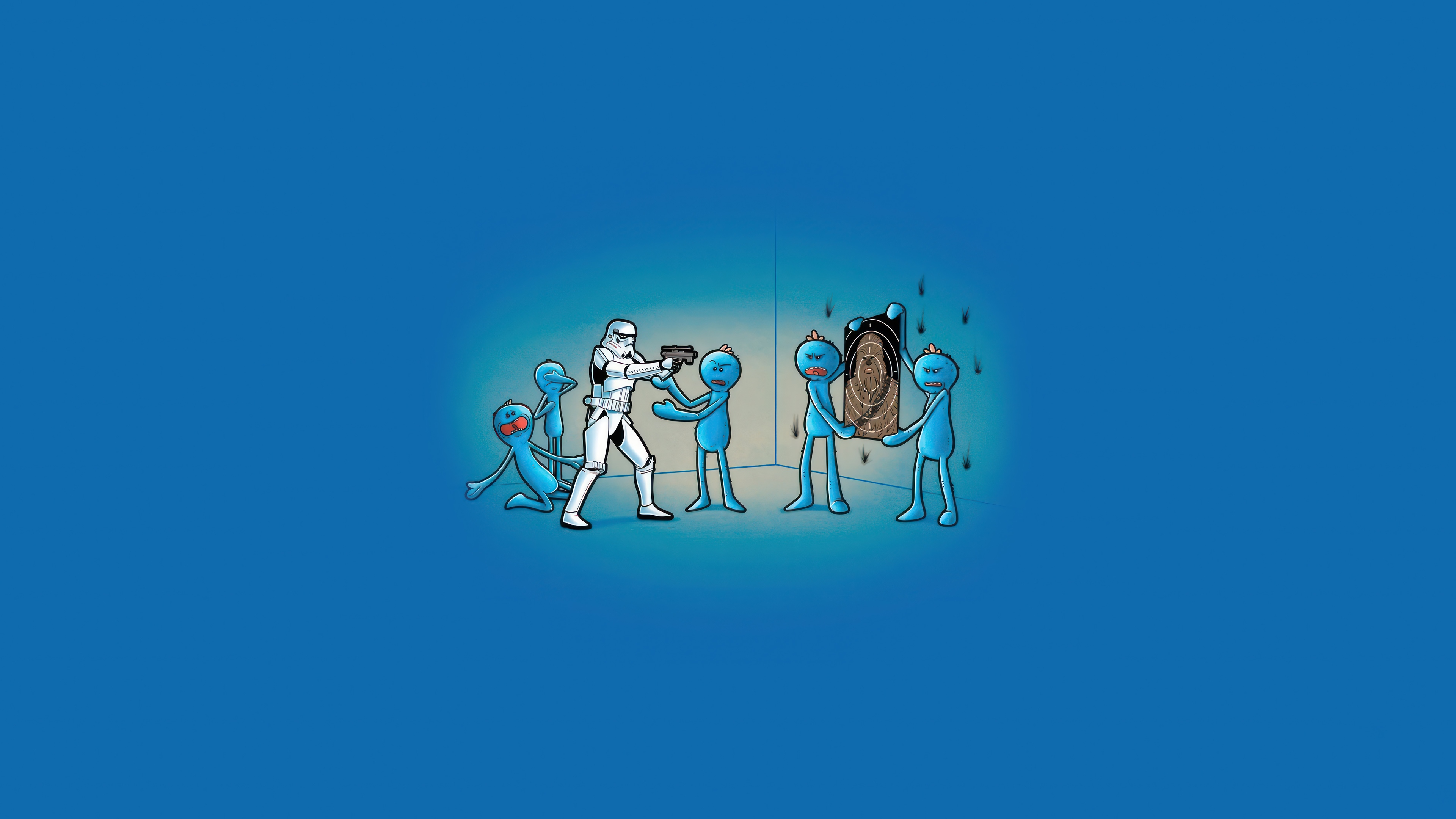Stormtrooper training Mr. Meeseeks for target practice 4K HD Wallpaper