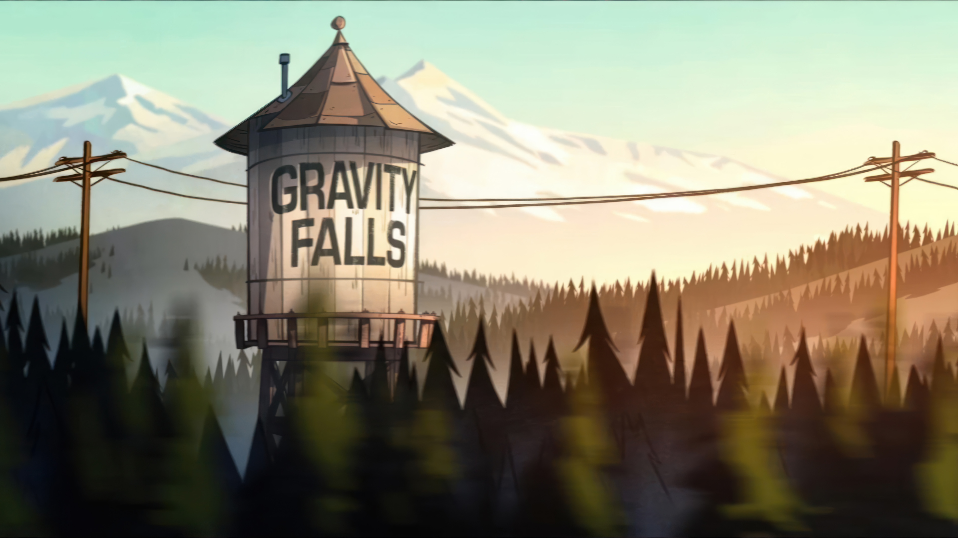 Gravity Falls water tower with mountains and trees HD Wallpaper
