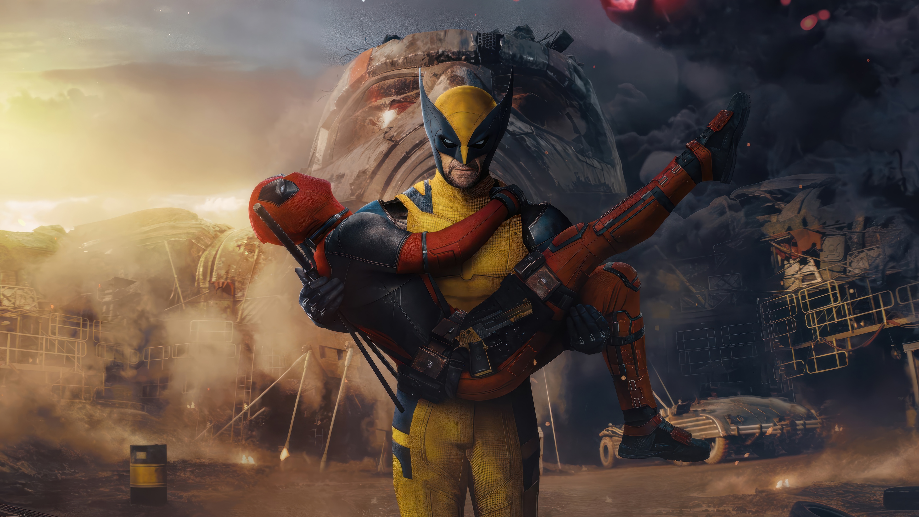 Wolverine Carrying Deadpool in a Ruined Landscape 4K HD Wallpaper