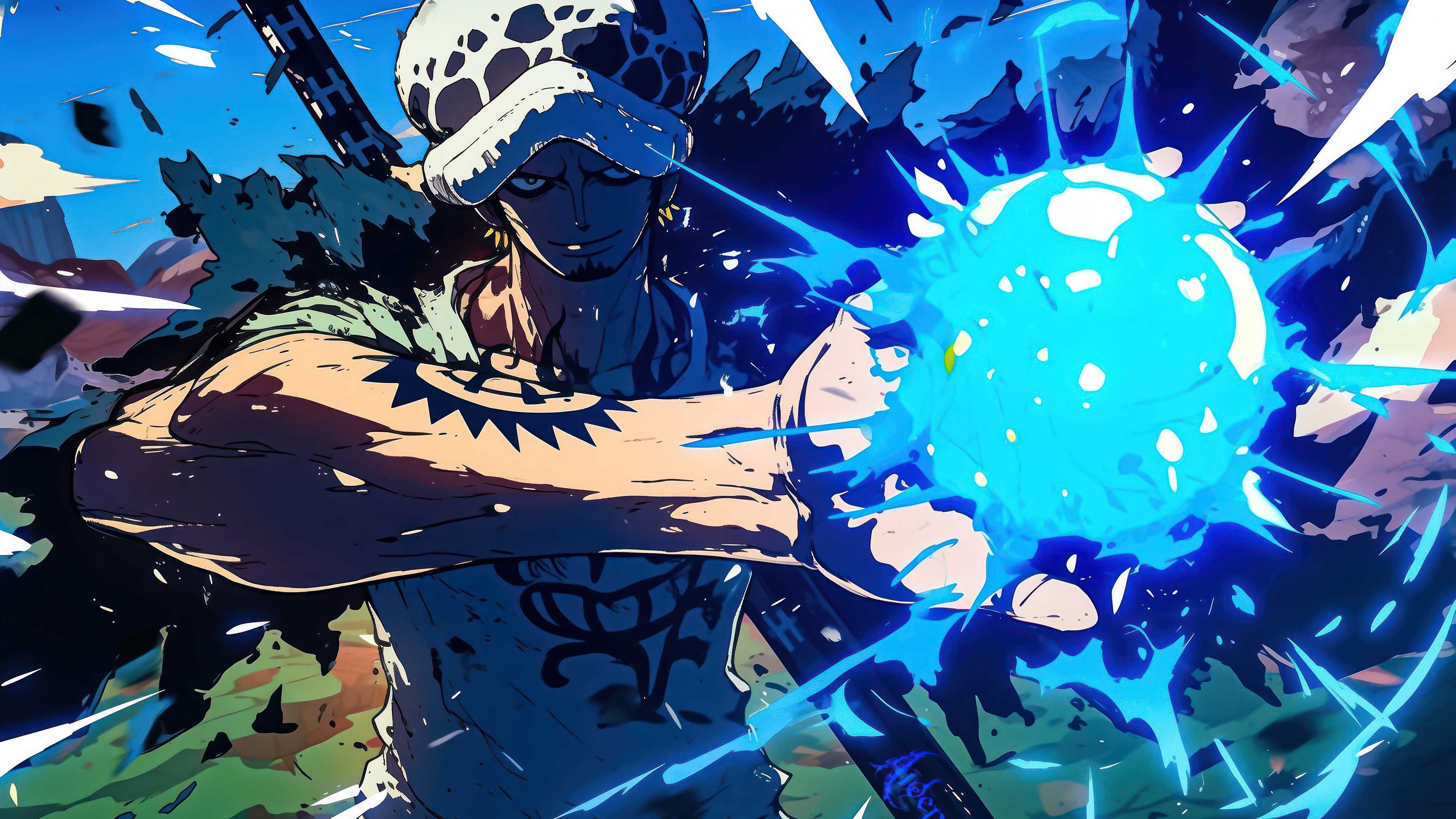 Trafalgar Law from One Piece using a blue energy attack HD Wallpaper